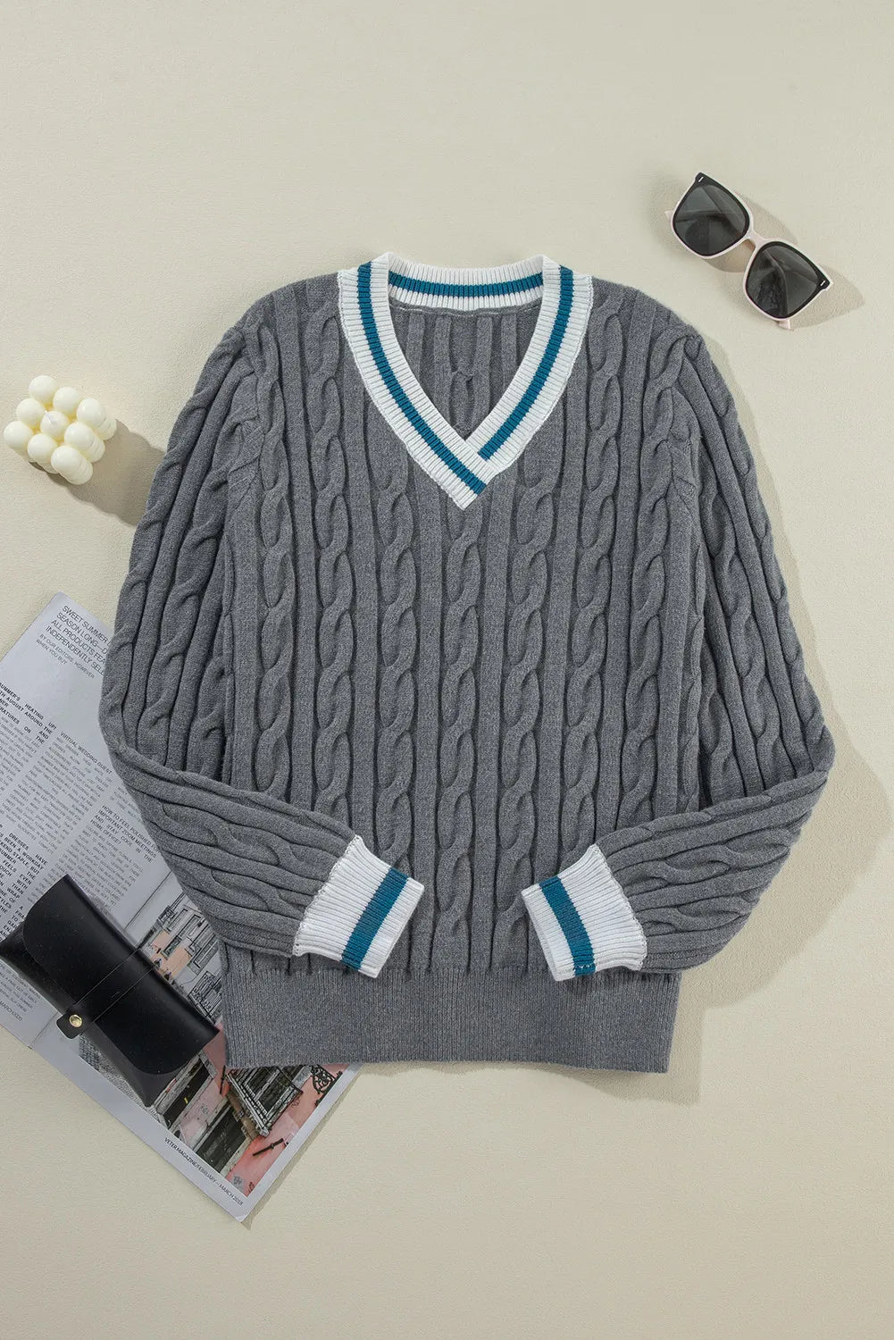 Blue Zone Planet | Cable-Knit V-Neck Long Sleeve Sweater-TOPS / DRESSES-[Adult]-[Female]-2022 Online Blue Zone Planet