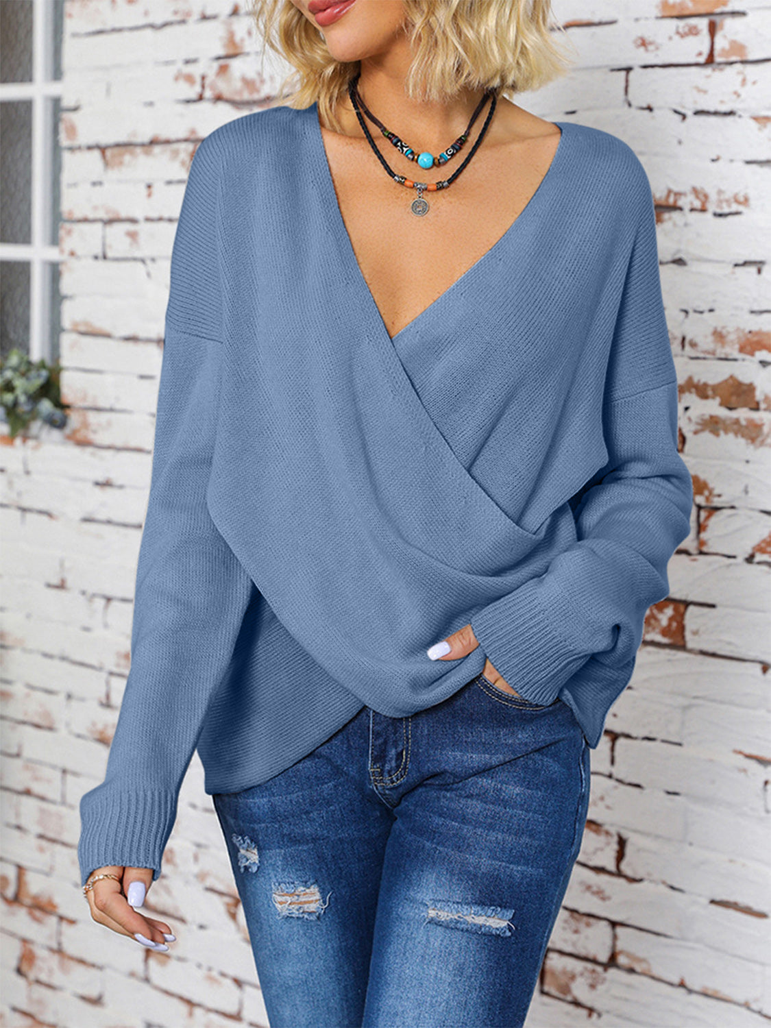 Blue Zone Planet | Surplice Dropped Shoulder Long Sleeve Sweater-TOPS / DRESSES-[Adult]-[Female]-Dusty Blue-S-2022 Online Blue Zone Planet