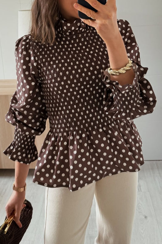 Brown Polka Dot Ruffled High Neck Shirred Ruffle Hem Blouse-Tops/Blouses & Shirts-[Adult]-[Female]-Brown-S-2022 Online Blue Zone Planet