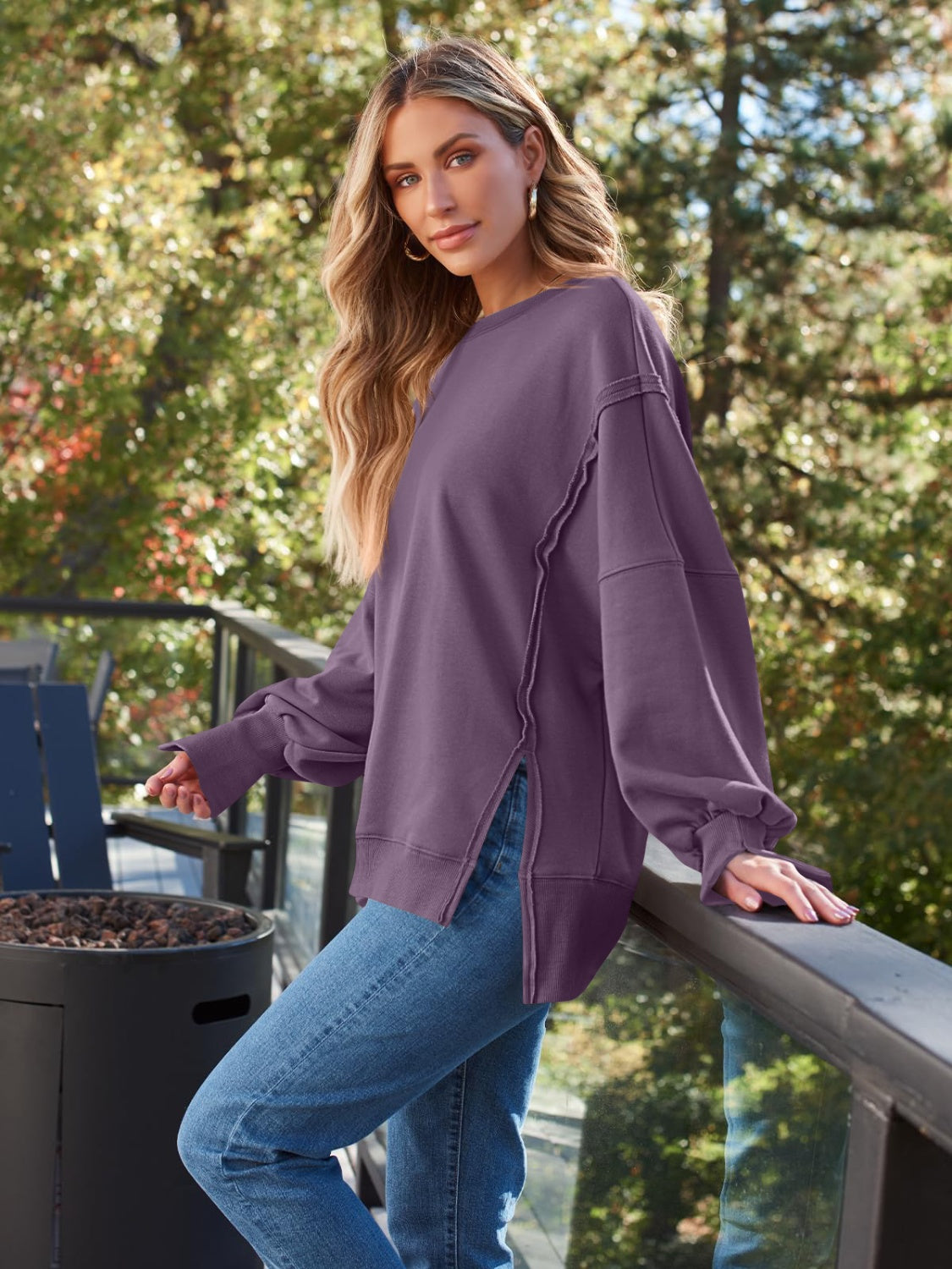 Blue Zone Planet | Slit Round Neck Long Sleeve Sweatshirt-TOPS / DRESSES-[Adult]-[Female]-2022 Online Blue Zone Planet