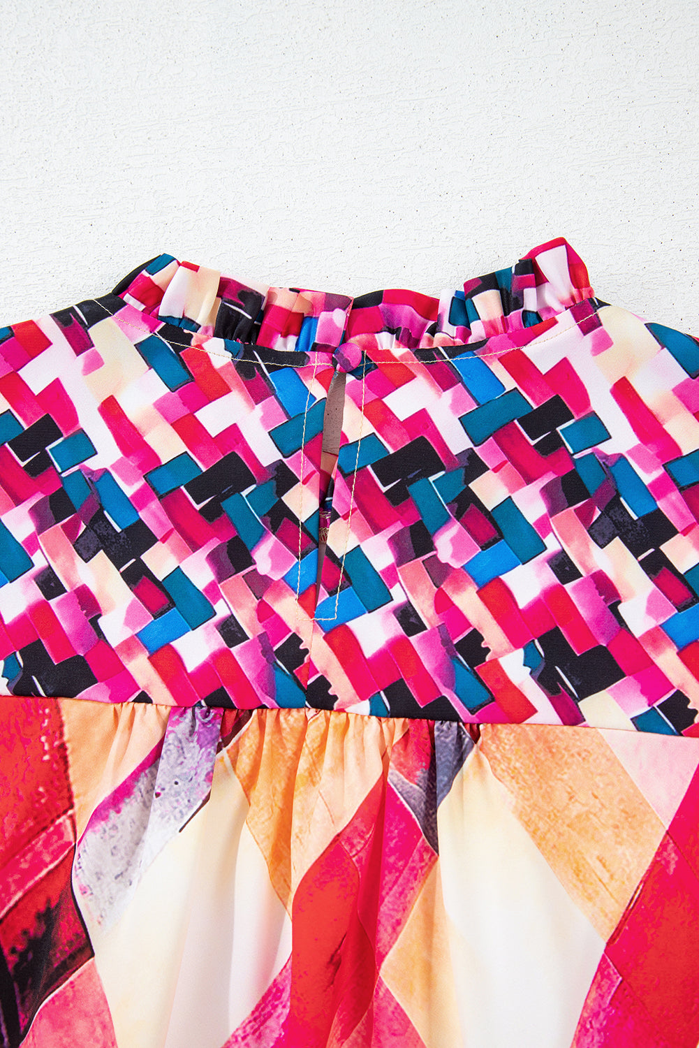 Rose Red Abstract Geometric Pattern Patchwork Puff Sleeve Blouse-Tops/Blouses & Shirts-[Adult]-[Female]-2022 Online Blue Zone Planet