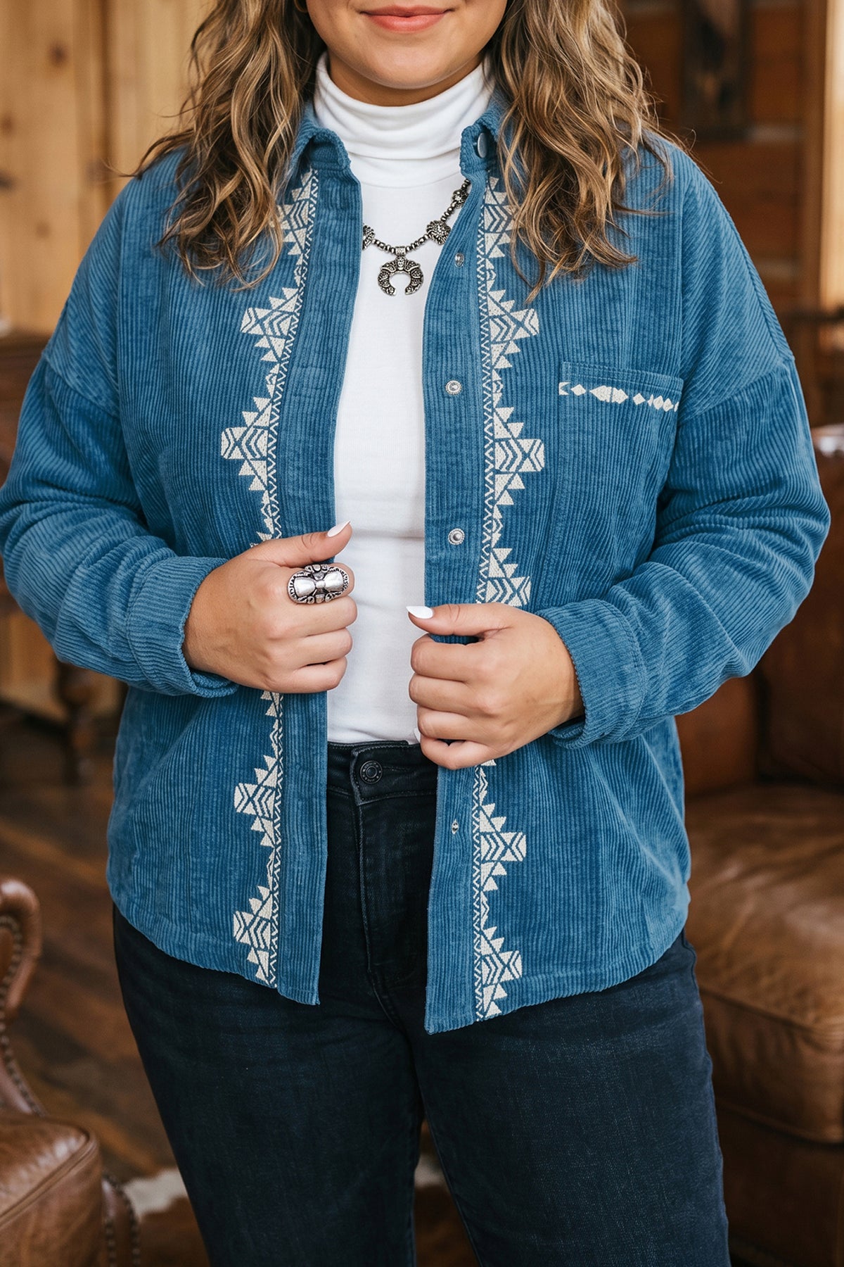 Blue Embroidered Corduroy V-Neck Long Sleeve Plus Size Shirt