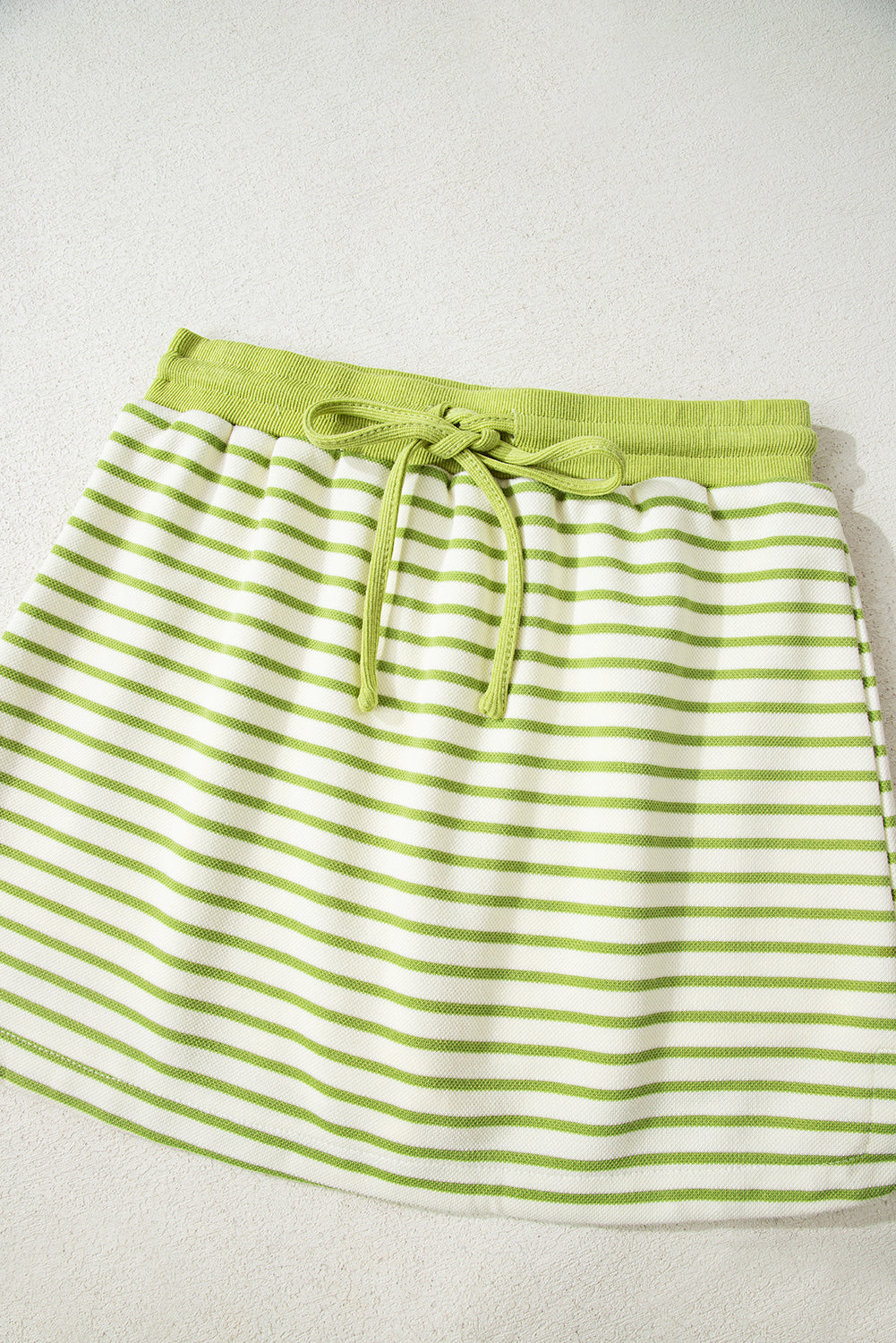 Green Stripe Collared V Neck Drop Shoulder Pullover and Skort 2pcs Outfit-Two Piece Sets/Two Piece Dresses-[Adult]-[Female]-2022 Online Blue Zone Planet