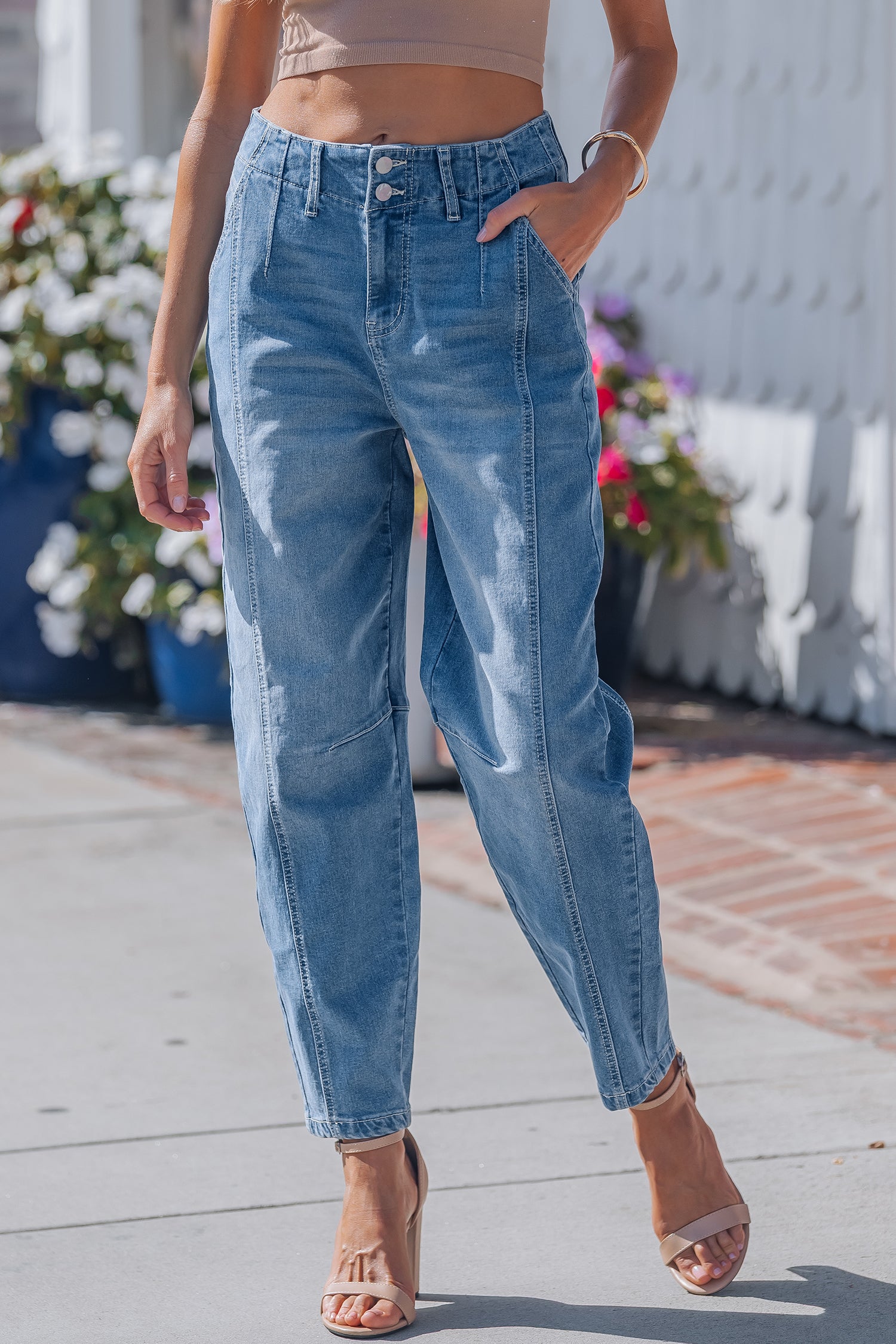 Sky Blue Medium Wash Cuffed Barrel Jeans-TOPS / DRESSES-[Adult]-[Female]-2022 Online Blue Zone Planet