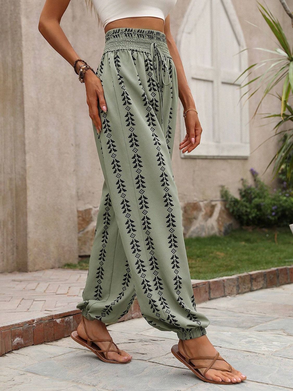 Tied Printed High Waist Pants-BOTTOMS SIZES SMALL MEDIUM LARGE-[Adult]-[Female]-2022 Online Blue Zone Planet