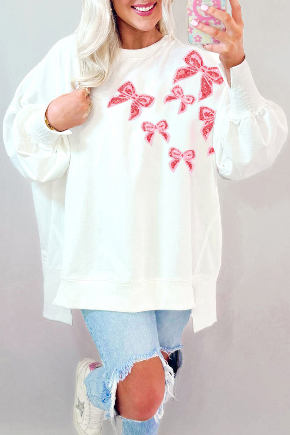 White Sequin Bowknot High Low Oversize Sweatshirt-Tops/Sweatshirts & Hoodies-[Adult]-[Female]-White-S-2022 Online Blue Zone Planet