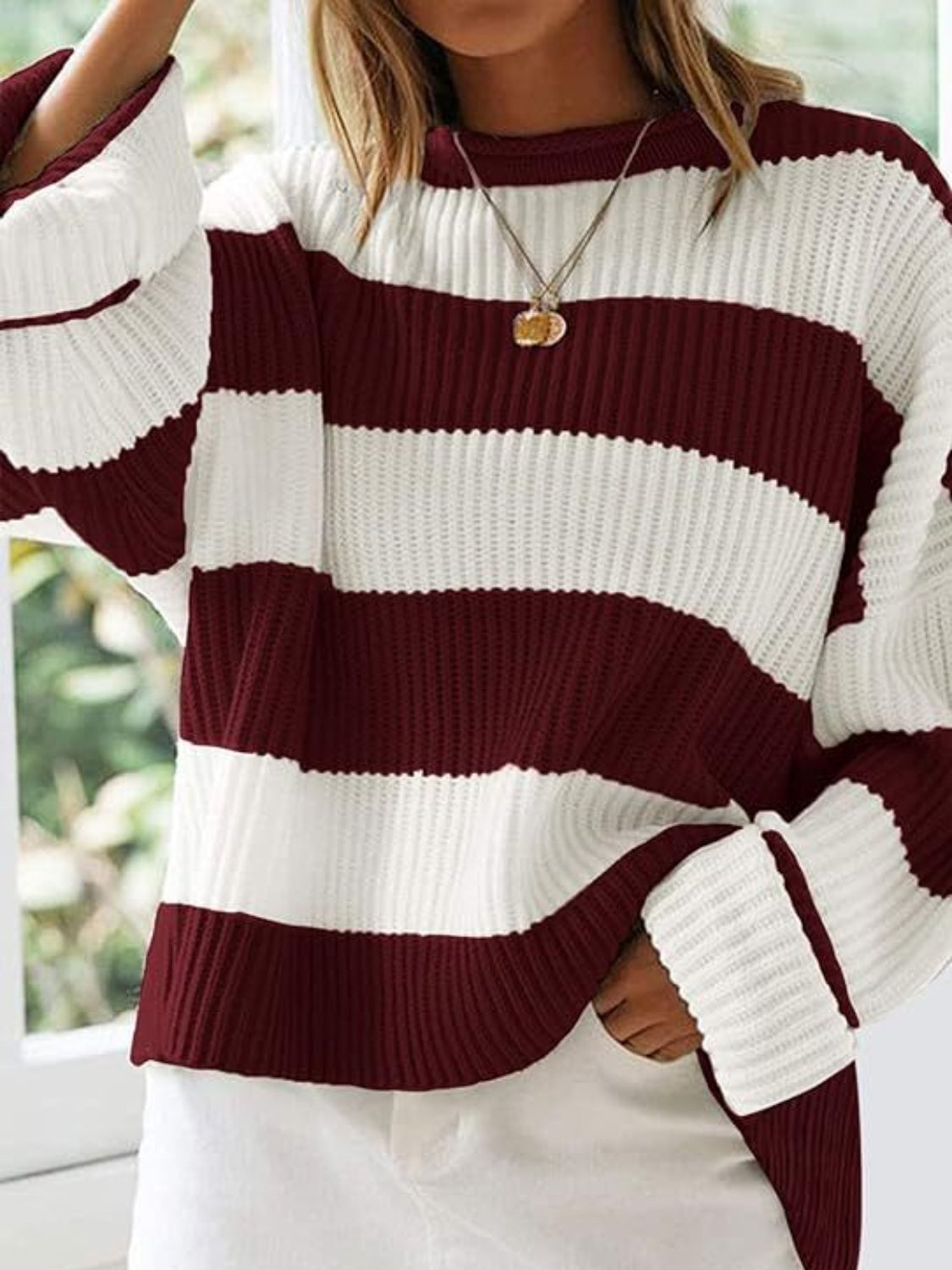 Round Neck Long Sleeve Sweater-NEW ARRIVALS-[Adult]-[Female]-Burgundy-S-2022 Online Blue Zone Planet