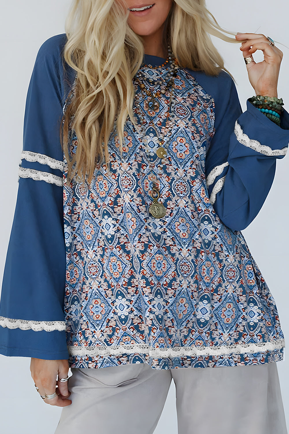 Blue Geometric Printed Lace Patchwork Ric Rac Raglan Long Sleeve Top-Tops/Long Sleeve Tops-[Adult]-[Female]-Blue-S-2022 Online Blue Zone Planet