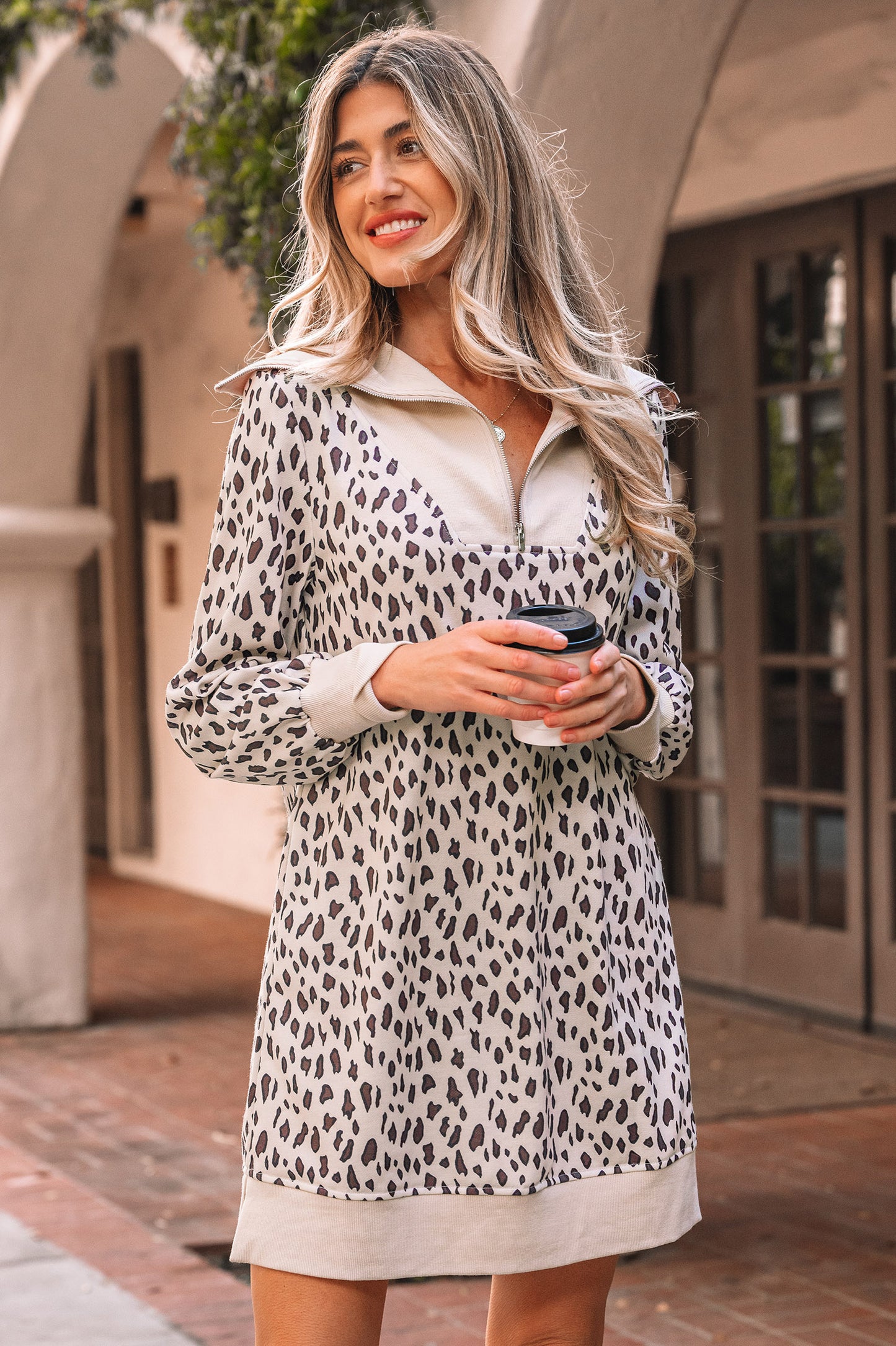 Khaki Leopard Print Zip up Collar Patchwork Shift Mini Dress-TOPS / DRESSES-[Adult]-[Female]-2022 Online Blue Zone Planet