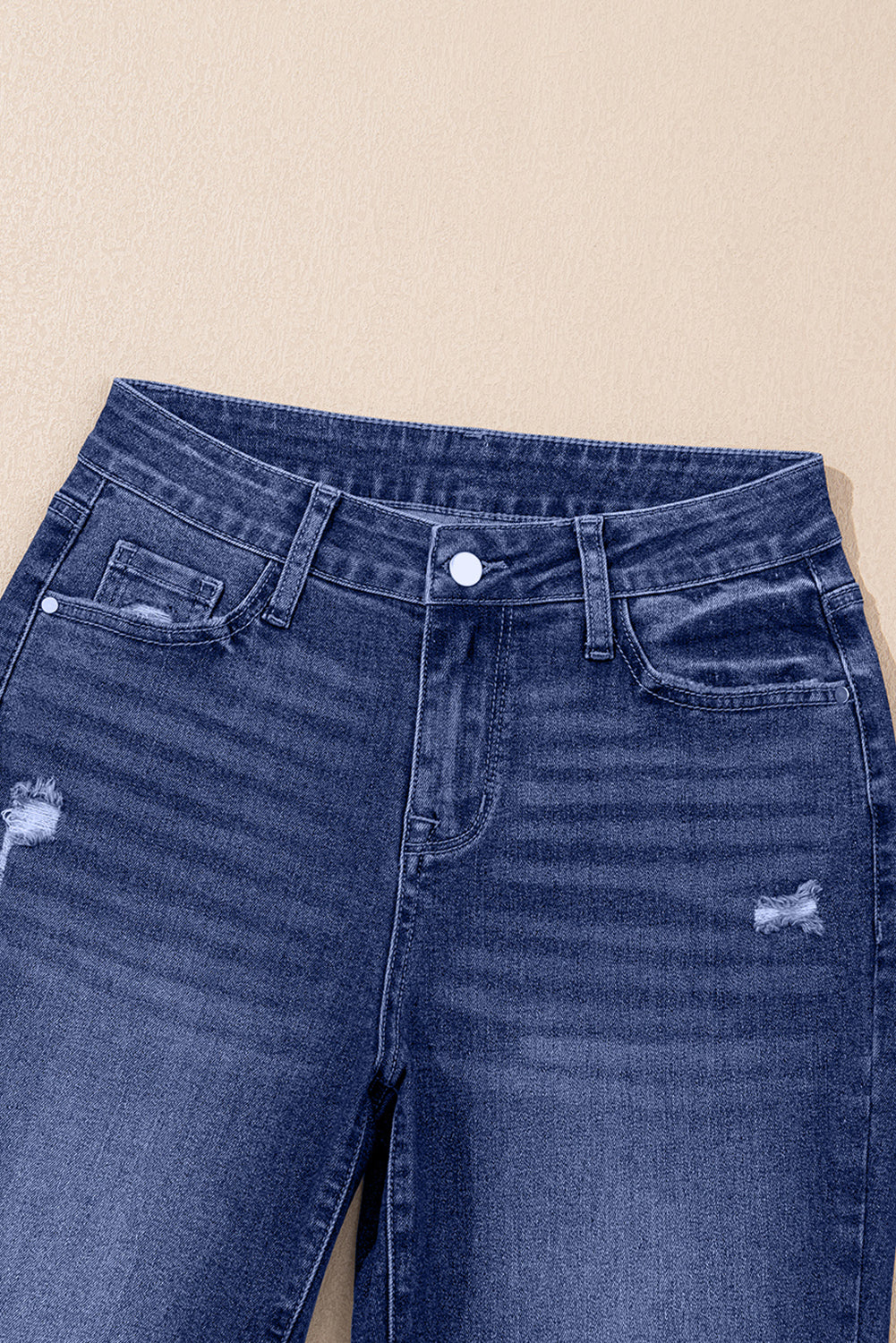 Real Teal Folded Cuffs Distressed Straight High Waist Jeans-Bottoms/Jeans-[Adult]-[Female]-2022 Online Blue Zone Planet
