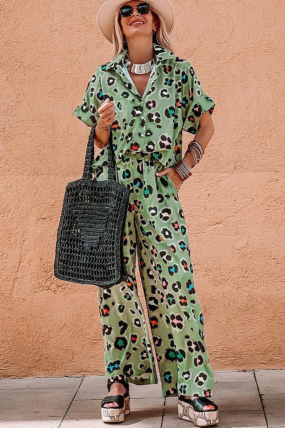 Leopard Collared Neck Top and Pants Set-TOPS / DRESSES-[Adult]-[Female]-2022 Online Blue Zone Planet