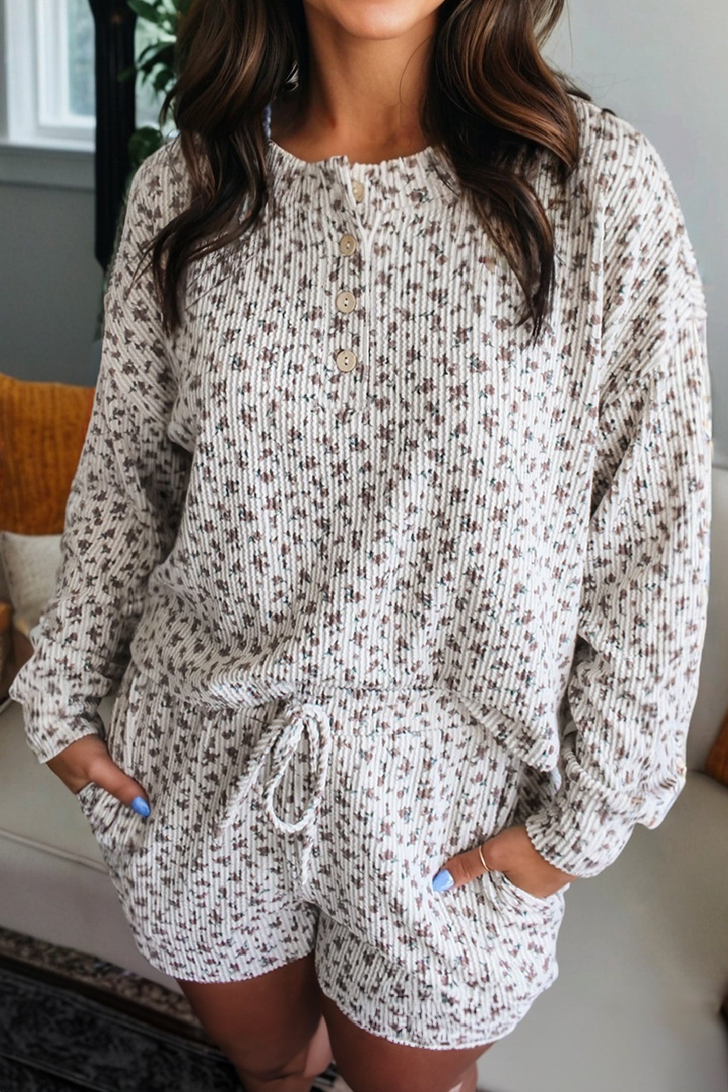 White Spiral Ribbed Floral Print Long Sleeve Henley Top Drawstring Short Set-Two Piece Sets/Short Sets-[Adult]-[Female]-White-S-2022 Online Blue Zone Planet