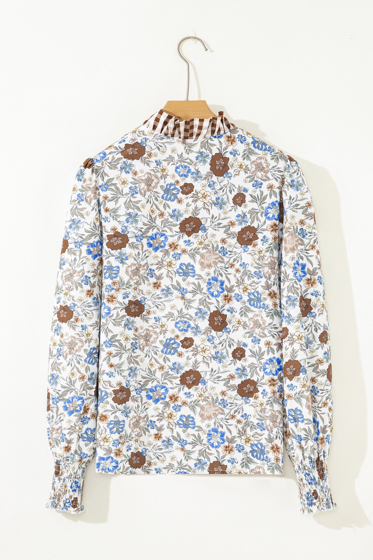 Brown Plaid Frilled Trim V Neck Floral Long Sleeve Blouse-Tops/Blouses & Shirts-[Adult]-[Female]-2022 Online Blue Zone Planet