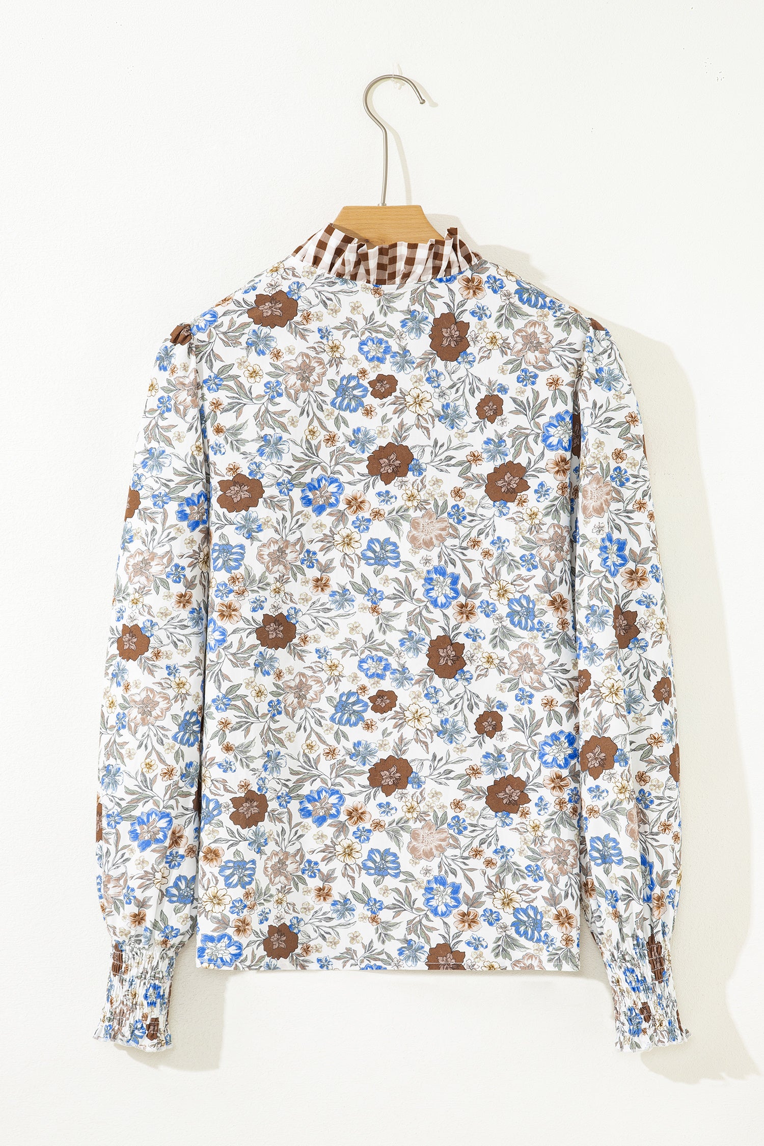 Brown Plaid Frilled Trim V Neck Floral Long Sleeve Blouse-Tops/Blouses & Shirts-[Adult]-[Female]-2022 Online Blue Zone Planet