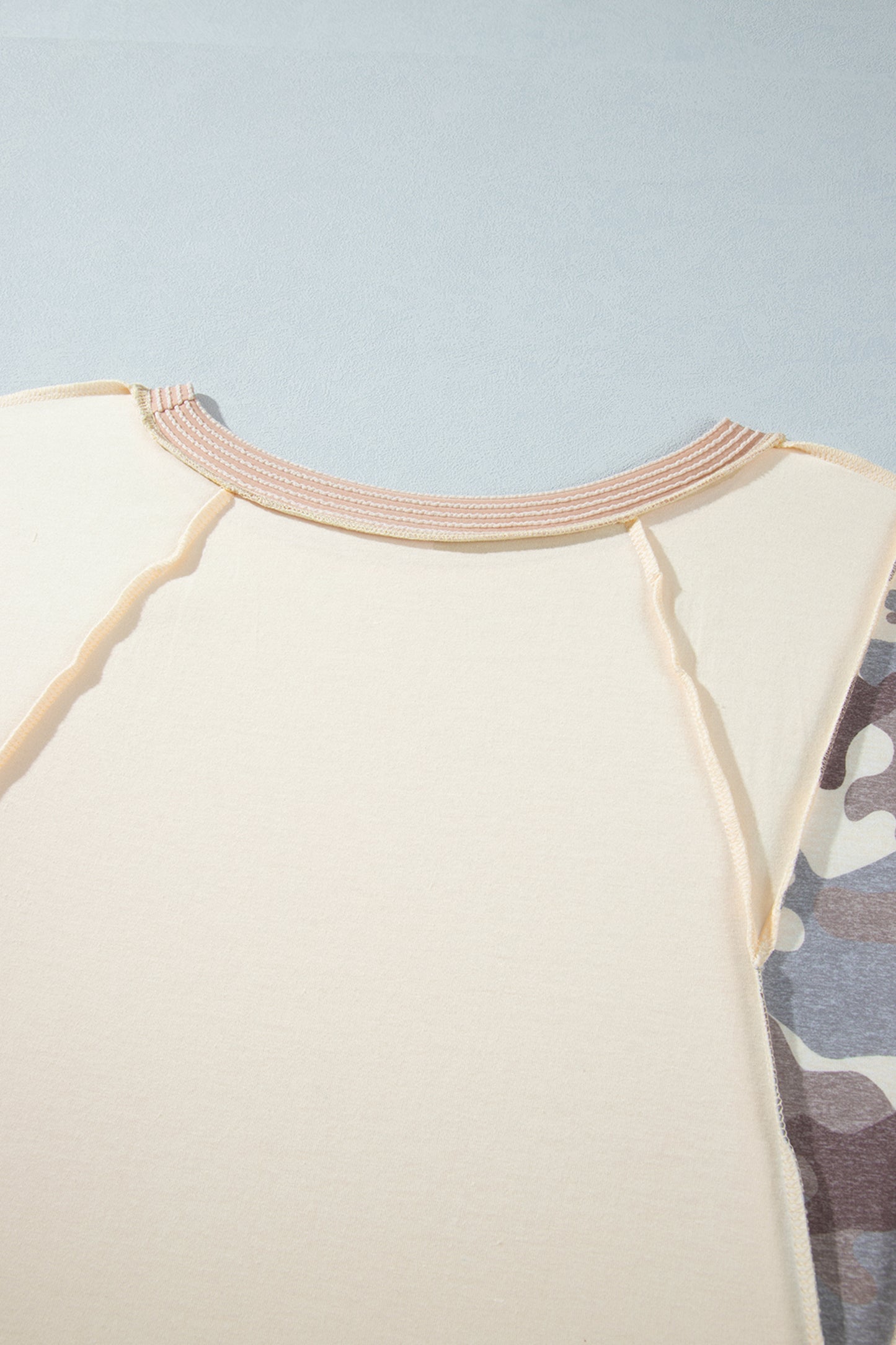 Apricot Camouflage Panel Twist Rib Sleeve Round Neck Loose Fit Plus Size Blouse-Plus Size/Plus Size Tops/Plus Size Blouses & Shirts-[Adult]-[Female]-2022 Online Blue Zone Planet