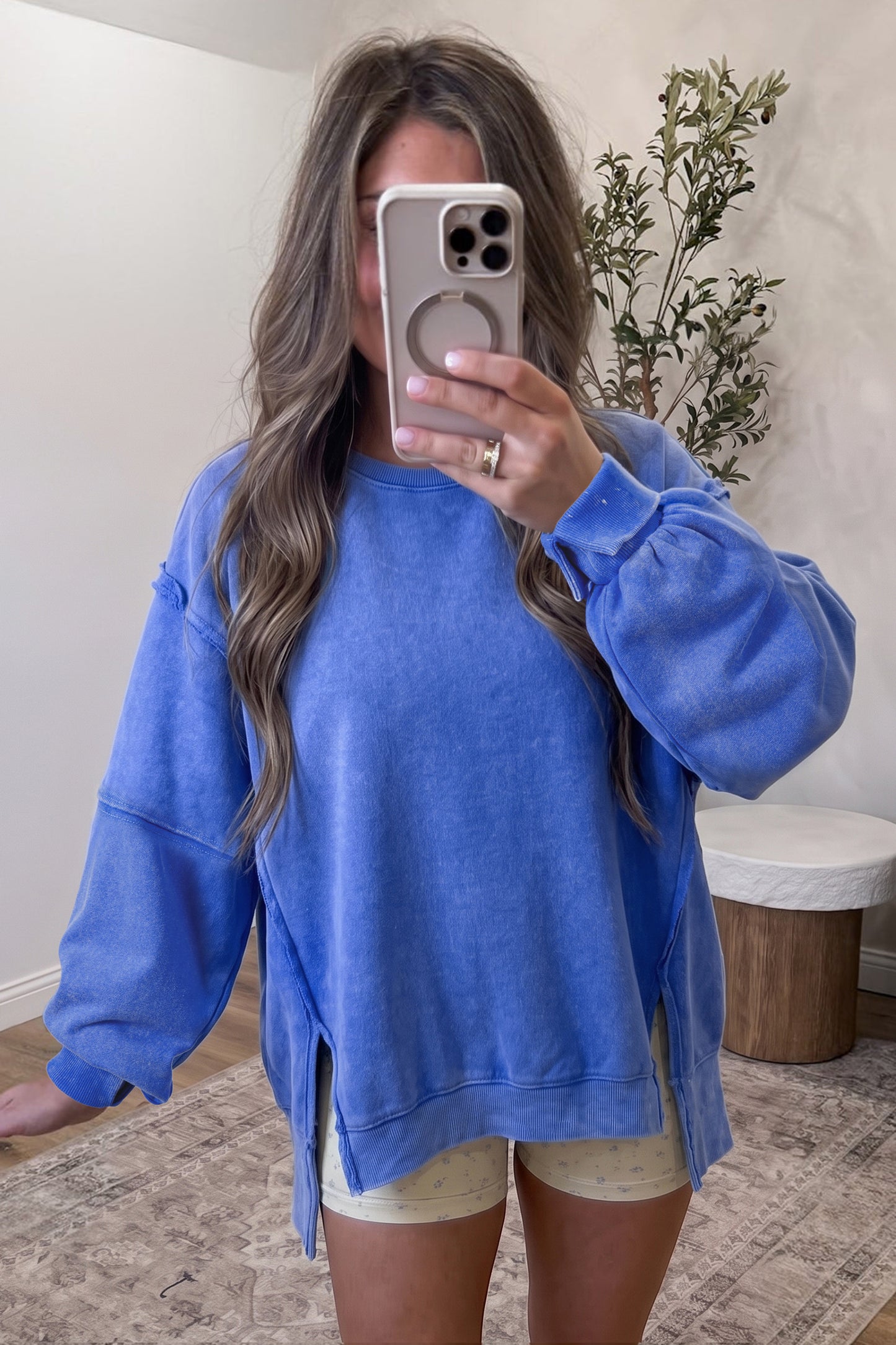 Sky Blue Mineral Wash Split Hem Loose Tunic Sweatshirt-Tops/Sweatshirts & Hoodies-[Adult]-[Female]-2022 Online Blue Zone Planet
