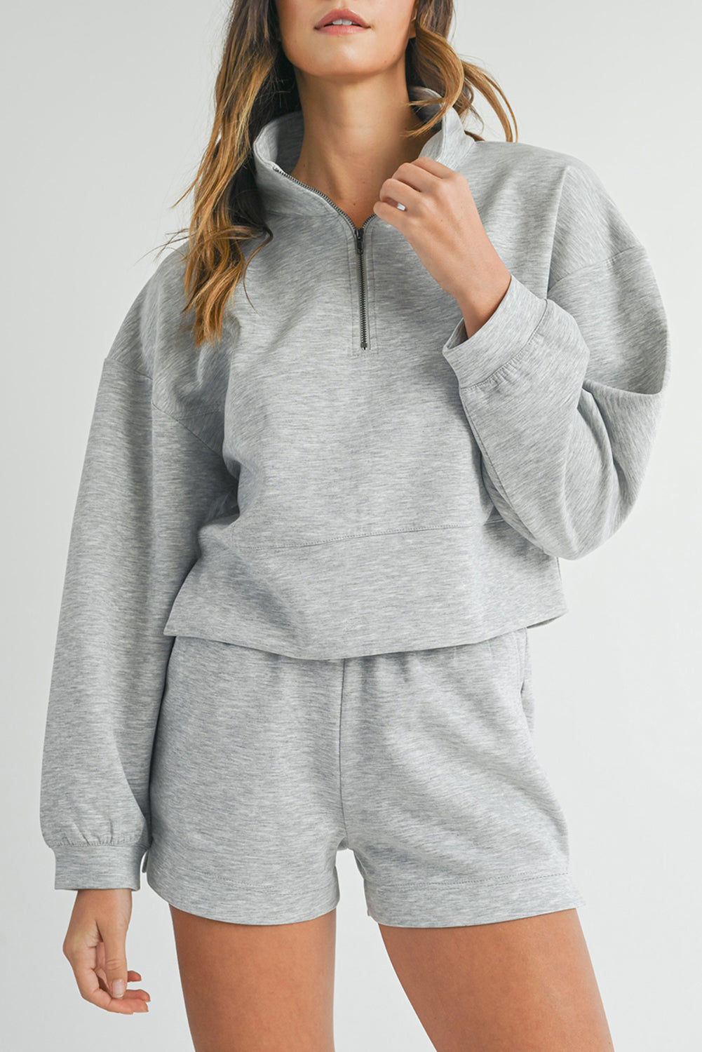 Light Grey Stand Neck Zipped Sweatshirt and Shorts Set-Two Piece Sets/Short Sets-[Adult]-[Female]-Light Grey-S-2022 Online Blue Zone Planet