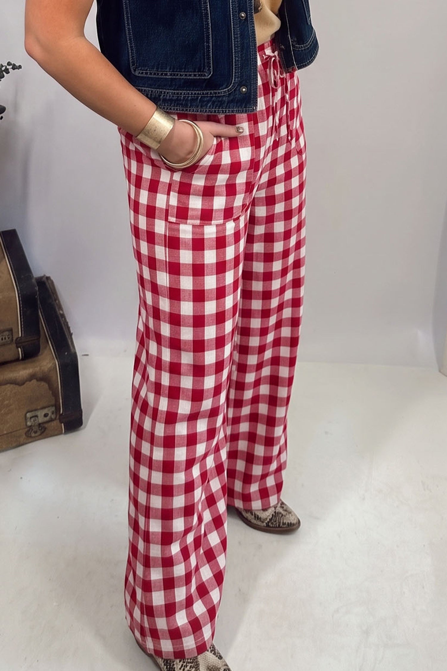 Red Gingham Plaid Tie Elastic Waist Shift Pants-Bottoms/Pants & Culotte-[Adult]-[Female]-2022 Online Blue Zone Planet