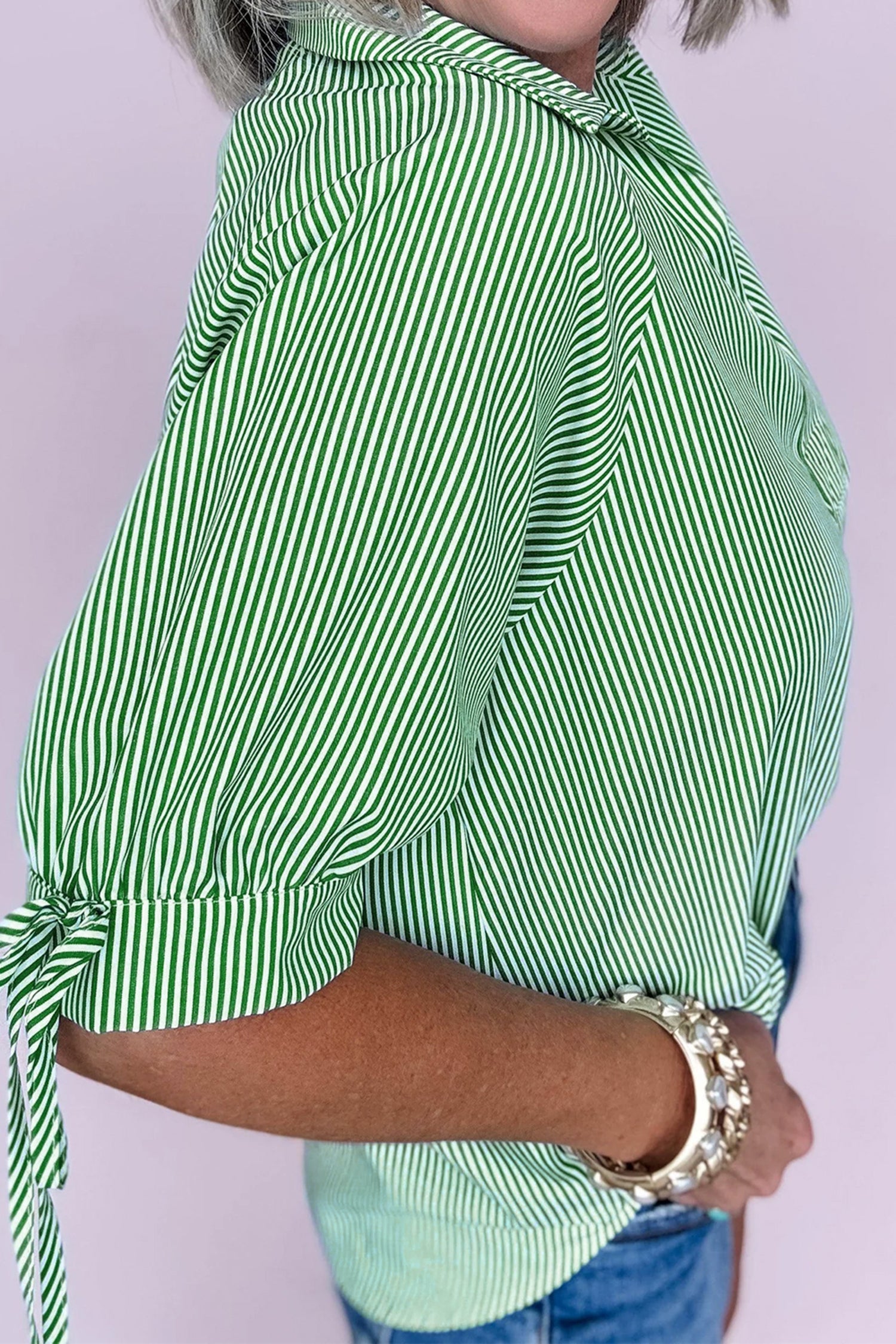 Mint Green Striped Print Collared Split Neck Half Sleeve Blouse-Tops/Blouses & Shirts-[Adult]-[Female]-2022 Online Blue Zone Planet