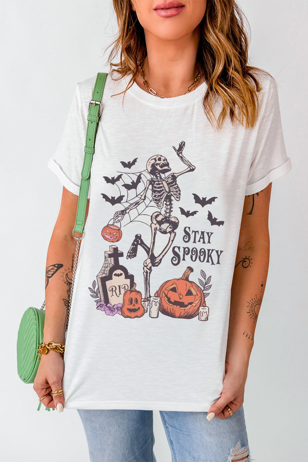 White Skull Pumpkin Face STAY SPOOKY Graphic Halloween T Shirt-Graphic/Graphic Tees-[Adult]-[Female]-2022 Online Blue Zone Planet