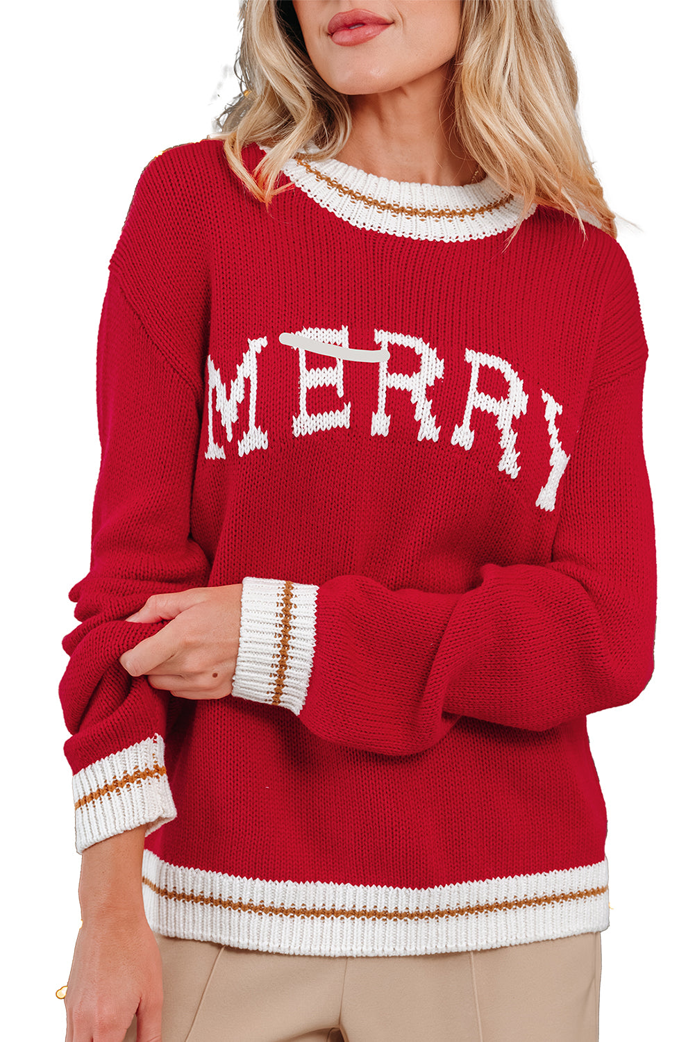 Fiery Red Merry Color Block Edge Drop Shoulder Cozy Sweater-TOPS / DRESSES-[Adult]-[Female]-2022 Online Blue Zone Planet