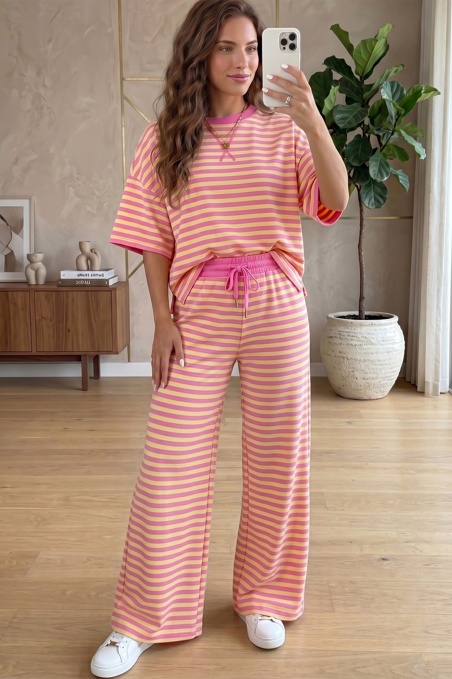 Pink Stripe Colorblock Trim Crew Neck Loose Tee Drawstring Elastic Waist 2pcs Pant Set-Two Piece Sets/Pant Sets-[Adult]-[Female]-2022 Online Blue Zone Planet