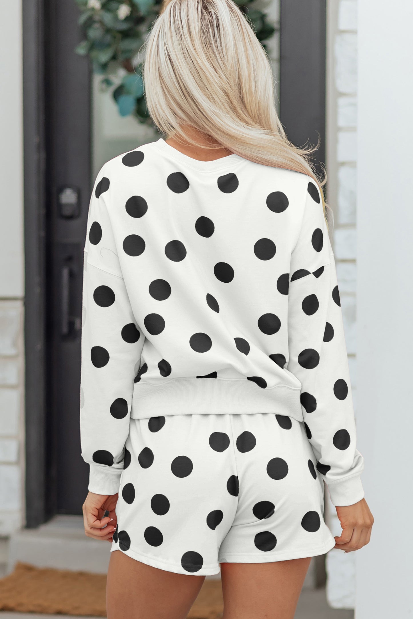 Sky Blue Polka Dot Print Drop Shoulder Pullover Drawstring Shorts Set-Two Piece Sets/Short Sets-[Adult]-[Female]-2022 Online Blue Zone Planet