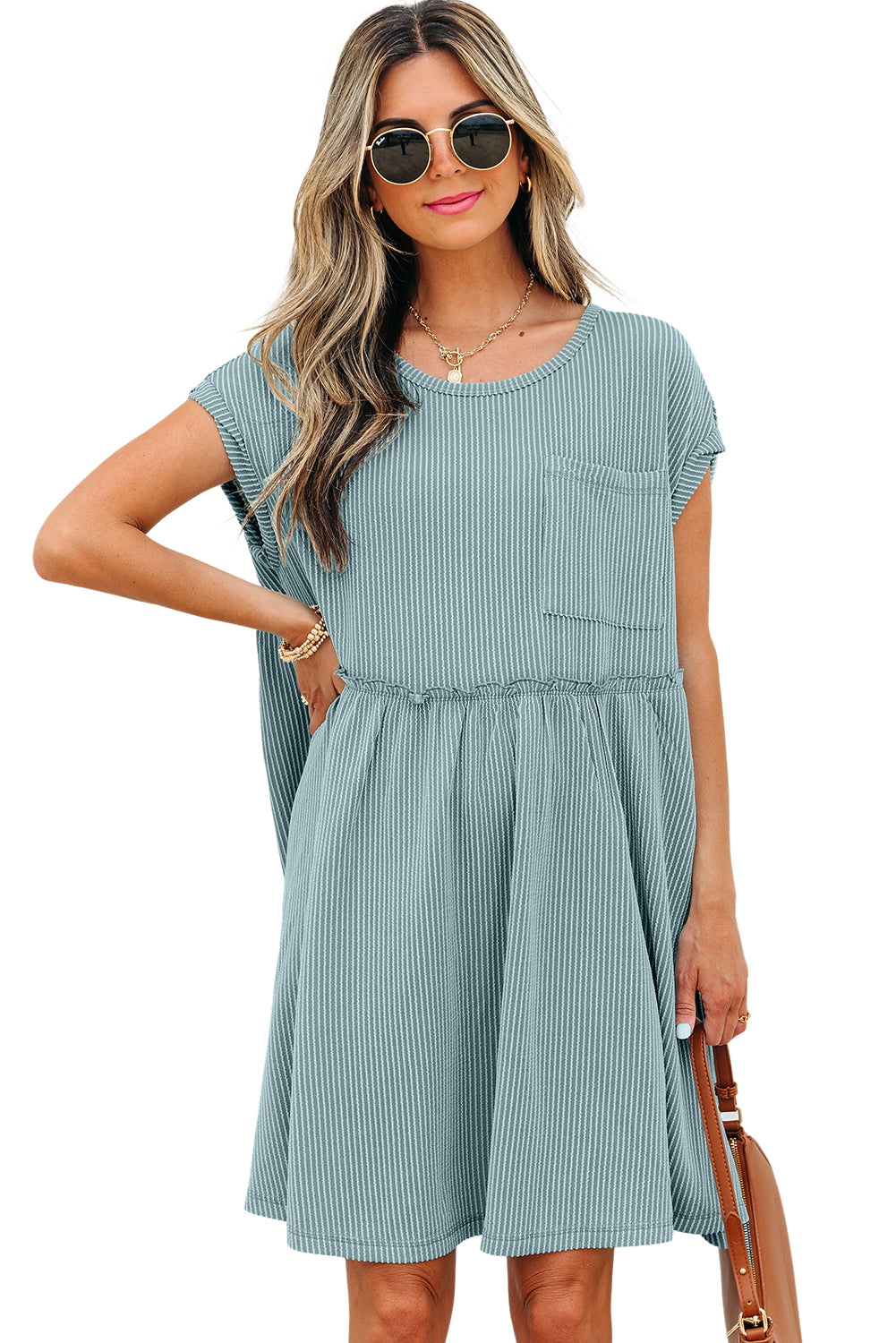 Canton Corded Knit Textured Patched Pocket Frilled Swing Mini Dress with Pockets-TOPS / DRESSES-[Adult]-[Female]-2022 Online Blue Zone Planet