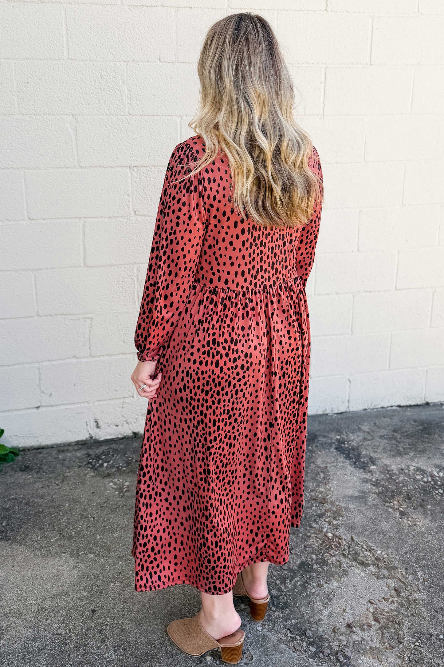 Red Leopard Print Long Sleeve V Neck Plus Size Midi Dress