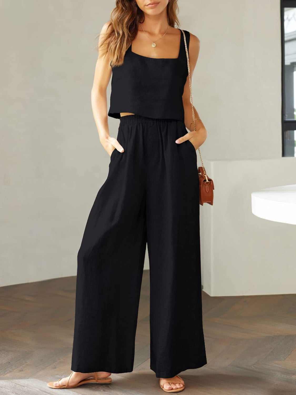 Square Neck Top and Wide Leg Pants Set-TOPS / DRESSES-[Adult]-[Female]-Black-S-2022 Online Blue Zone Planet