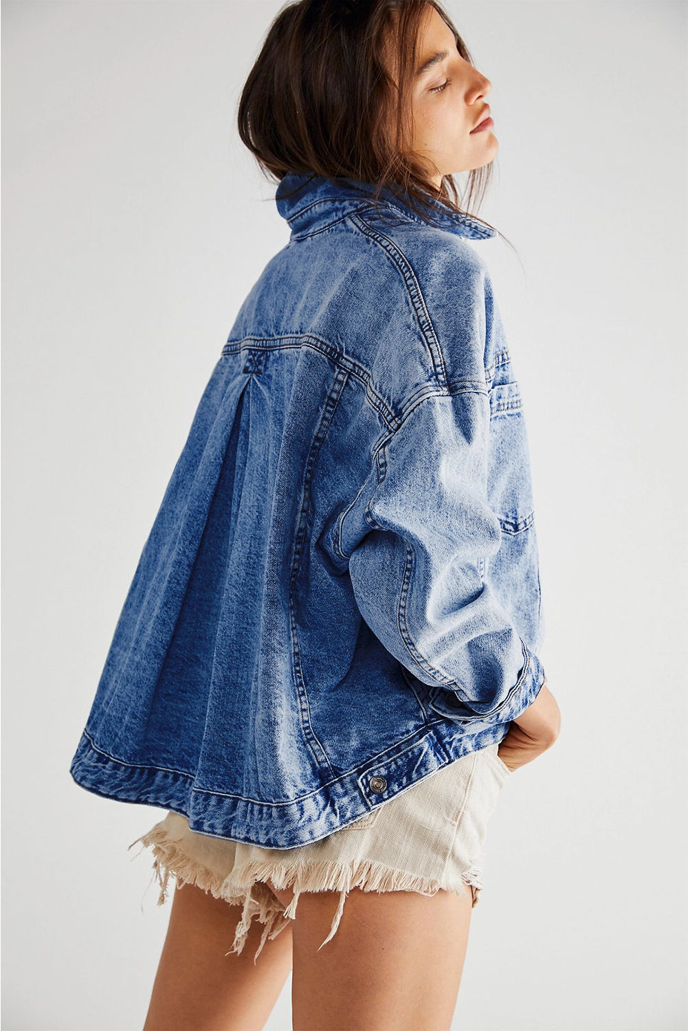 Blue Zone Planet | Sky Blue Stripe Washed Oversized Pocketed Denim Jacket-Jackets-[Adult]-[Female]-2022 Online Blue Zone Planet