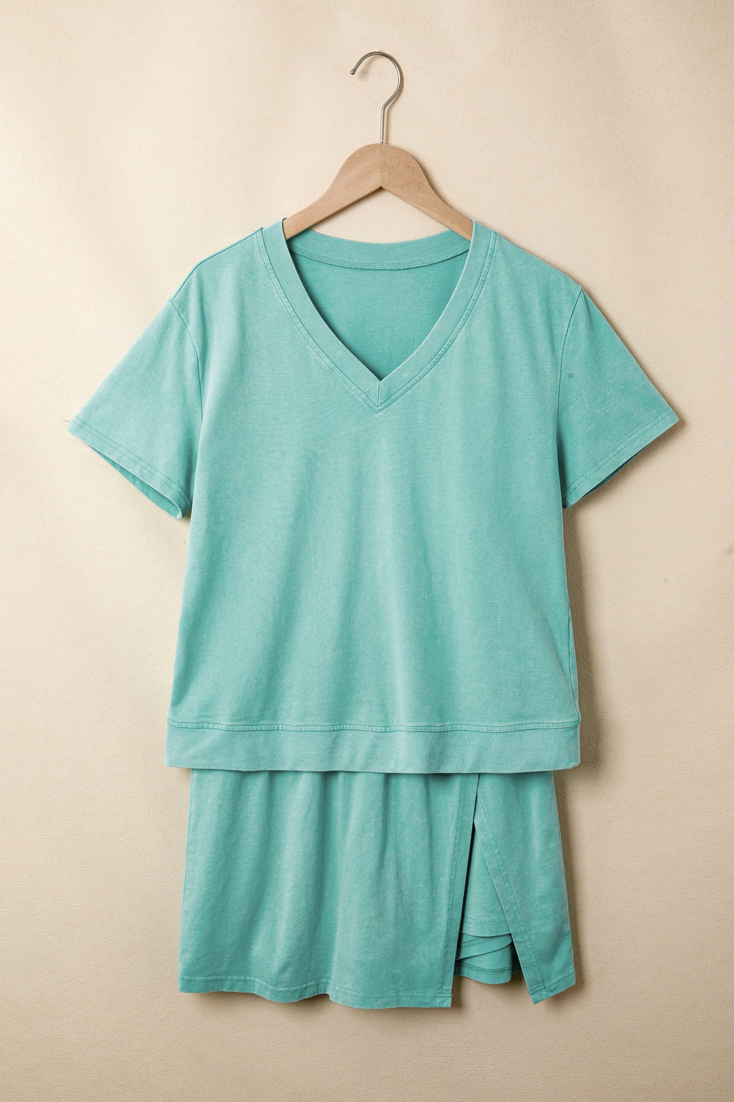 Light Pink Mineral Wash V Neck Tee Matching Skort Set-Two Piece Sets/Two Piece Dresses-[Adult]-[Female]-2022 Online Blue Zone Planet