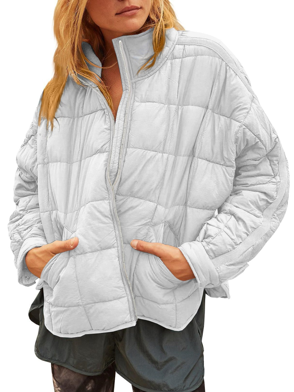 Pocketed Plaid Quilted Zip Up Winter Coat-TOPS / DRESSES-[Adult]-[Female]-White-S-2022 Online Blue Zone Planet