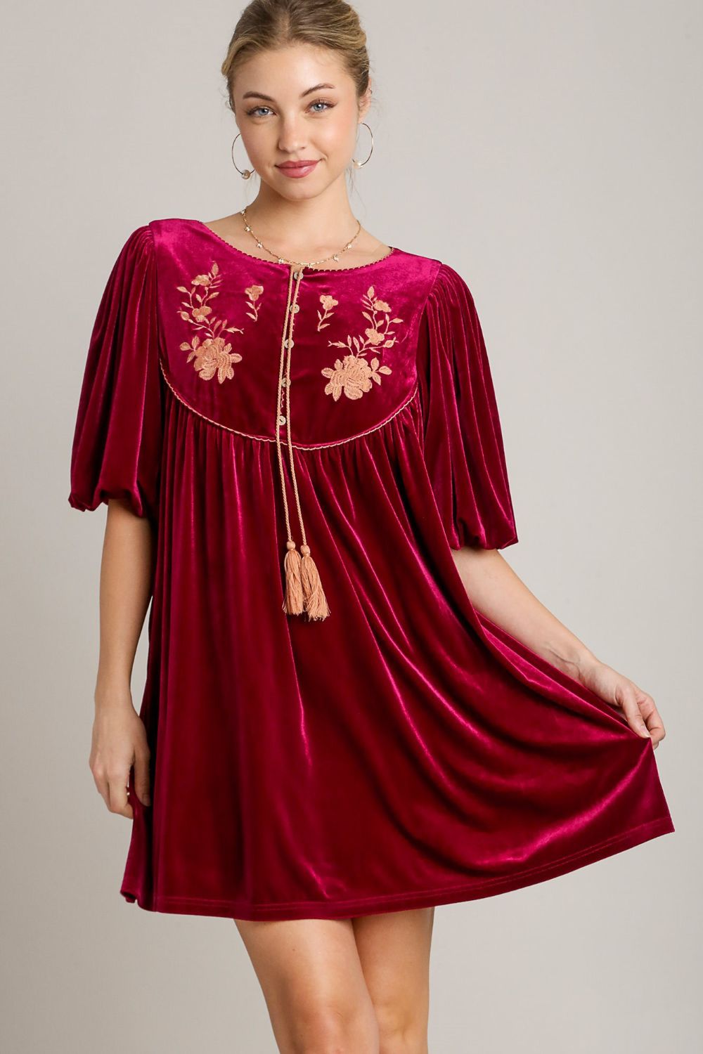 Umgee Embroidered Half Sleeve Velvet Mini Dress with Tassel-TOPS / DRESSES-[Adult]-[Female]-Burgundy-S-2022 Online Blue Zone Planet