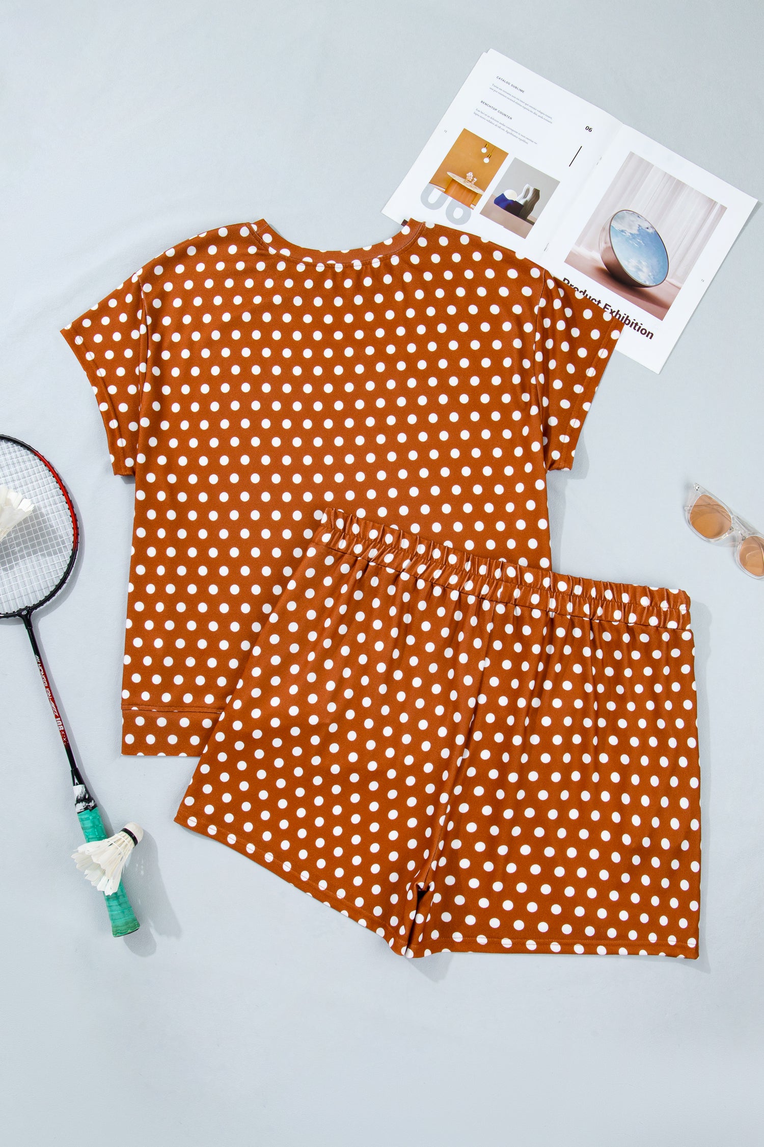 Brown Polka Dot Print Dropped Shoulder Tee Plus Size Short Set-Plus Size/Plus Size Loungewear-[Adult]-[Female]-2022 Online Blue Zone Planet