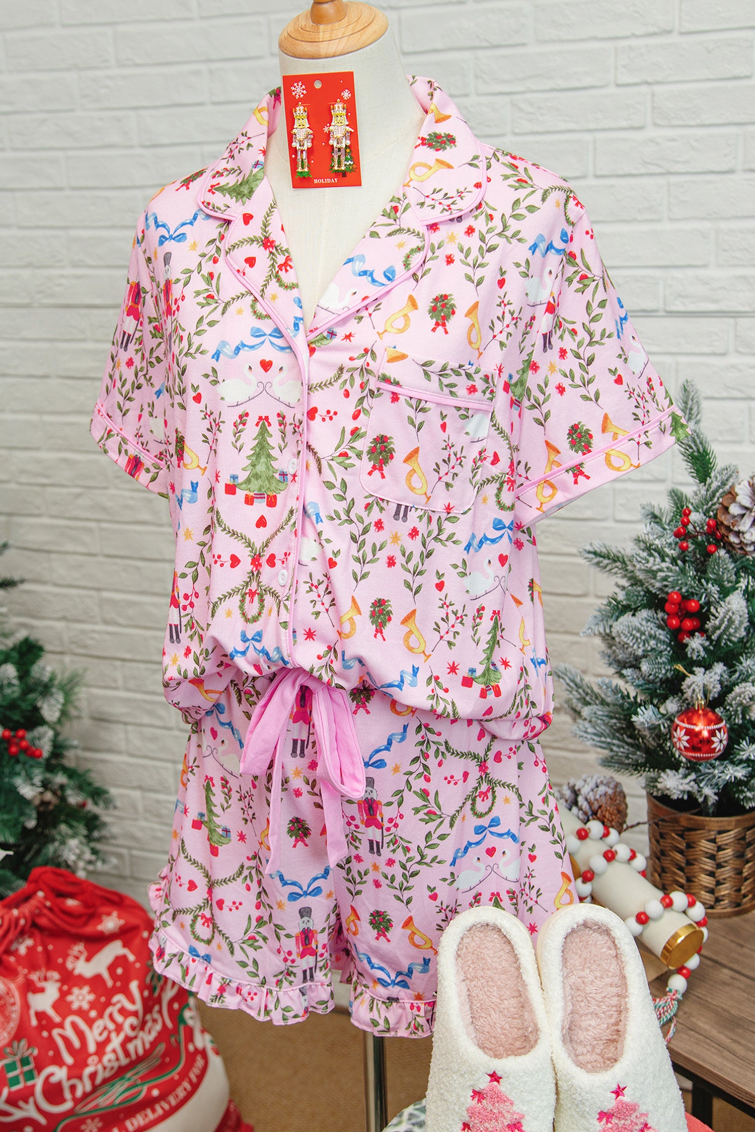 Pink Nutcracker Doll Christmas Print Ribbon Tie Waist Short 2pcs Pajama Set-Loungewear & Sleepwear/Sleepwear-[Adult]-[Female]-2022 Online Blue Zone Planet