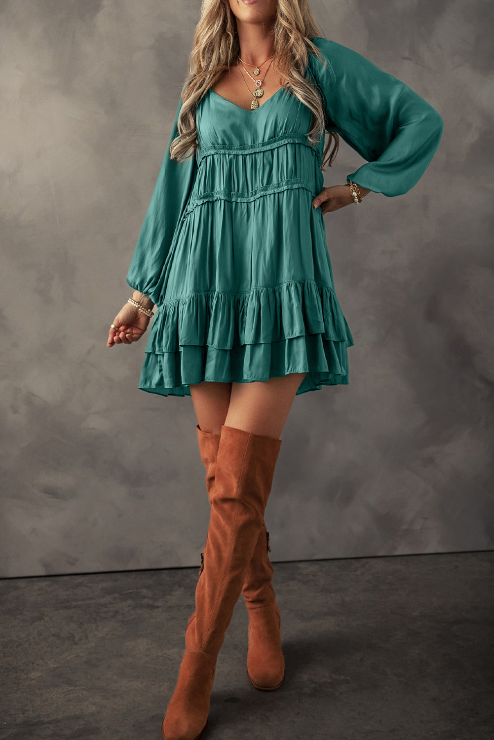 Mist Green Puff Sleeve Loose Fit Tiered Ruffle Mini Dress-Short Dresses-[Adult]-[Female]-2022 Online Blue Zone Planet