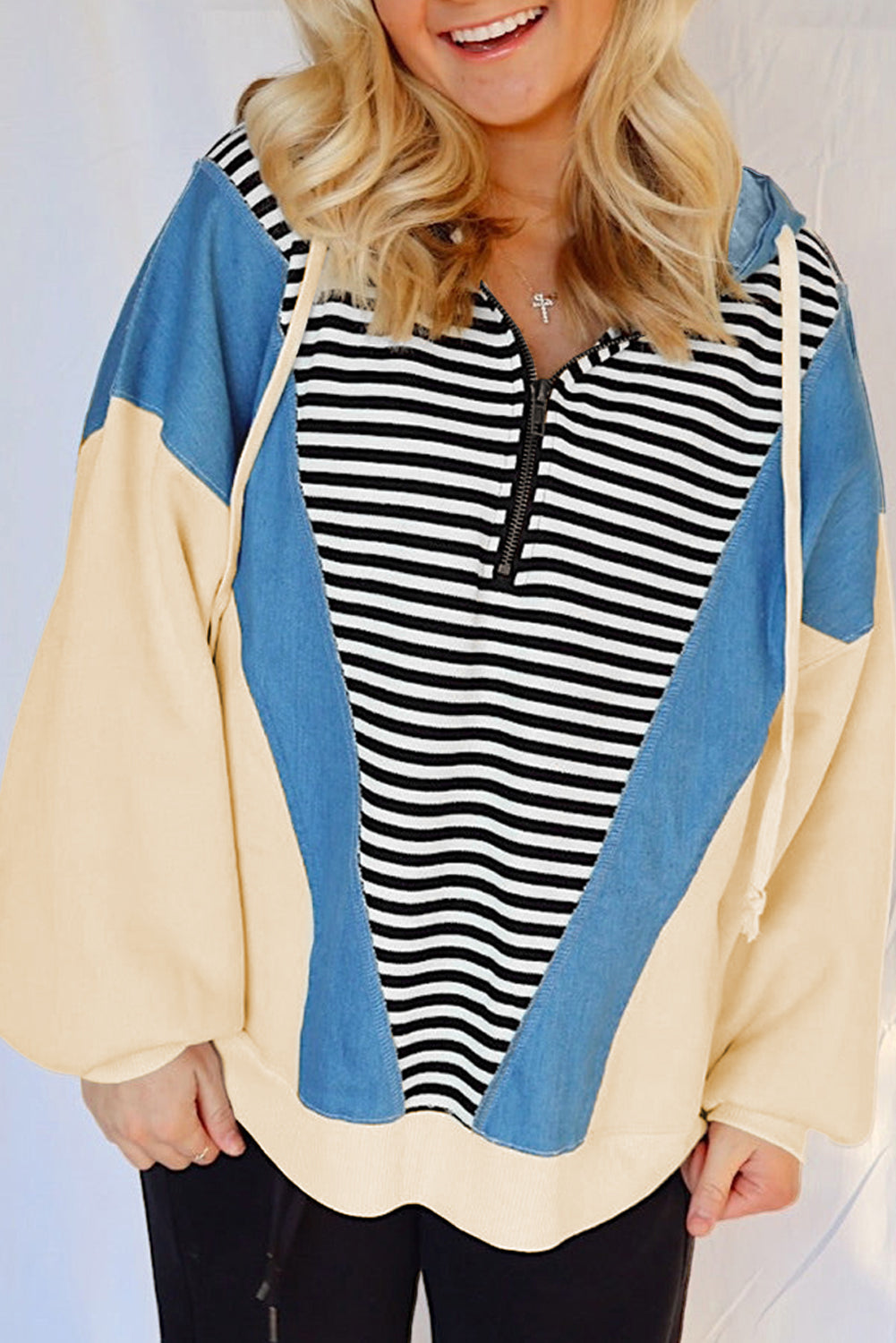 Black Stripe Denim Color Block Quarter Zip Baggy Drawstring Hoodie-Tops/Sweatshirts & Hoodies-[Adult]-[Female]-Black Stripe-S-2022 Online Blue Zone Planet