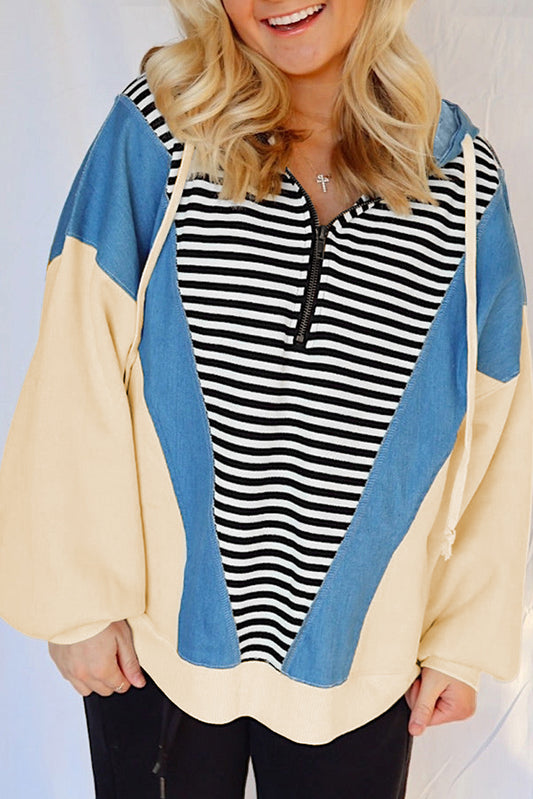 Black Stripe Denim Color Block Quarter Zip Baggy Drawstring Hoodie-Tops/Sweatshirts & Hoodies-[Adult]-[Female]-Black Stripe-S-2022 Online Blue Zone Planet