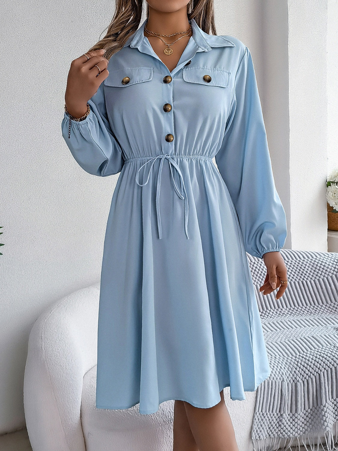 Blue Zone Planet | Collared Neck Long Sleeve Dress with Pockets-TOPS / DRESSES-[Adult]-[Female]-2022 Online Blue Zone Planet