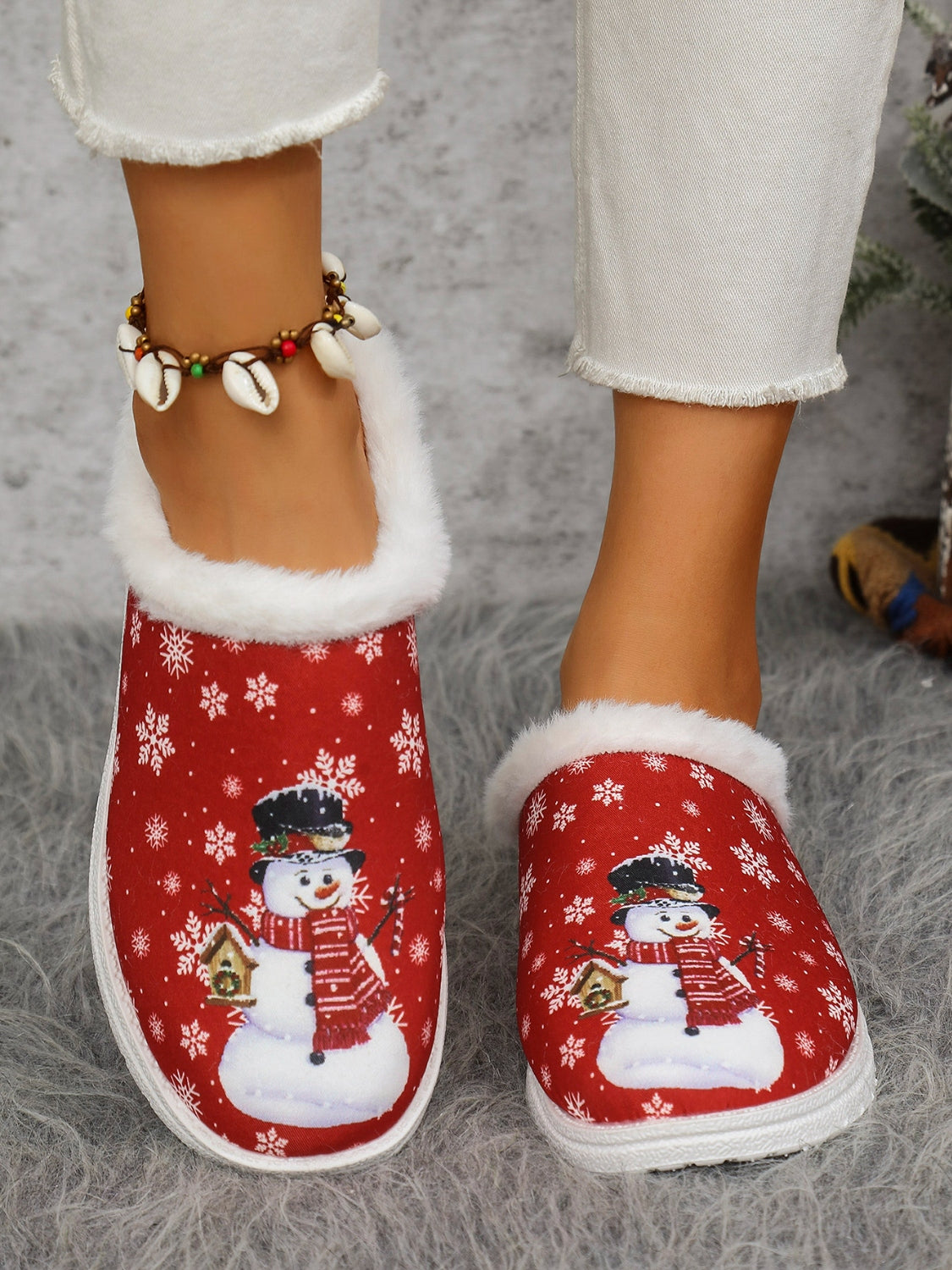 Snowman Print Flat Slippers with Faux Fur-SHOES-[Adult]-[Female]-2022 Online Blue Zone Planet