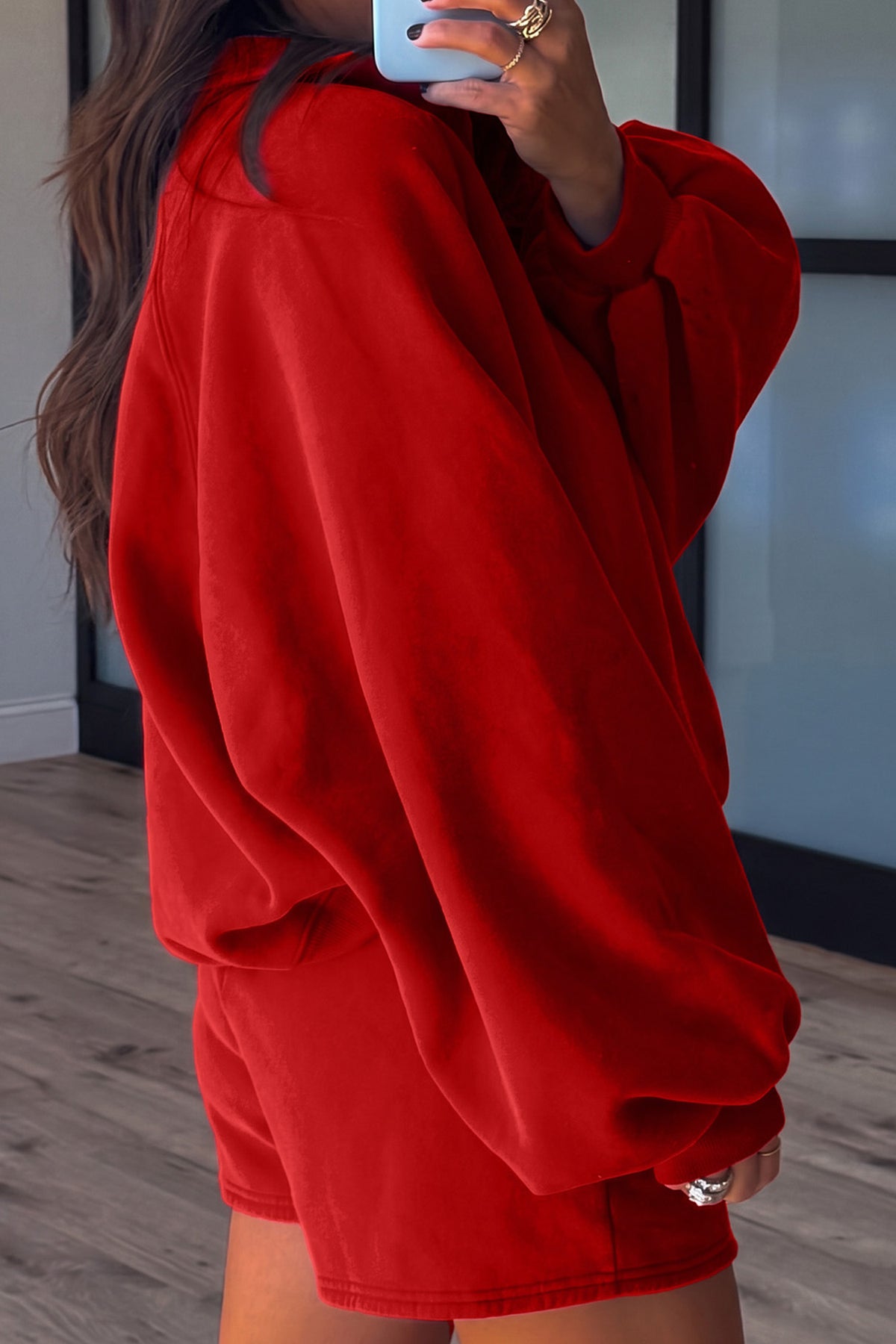 Fiery Red Half Button Puff Sleeve Relaxed Pullover and Shorts 2pcs Outfit