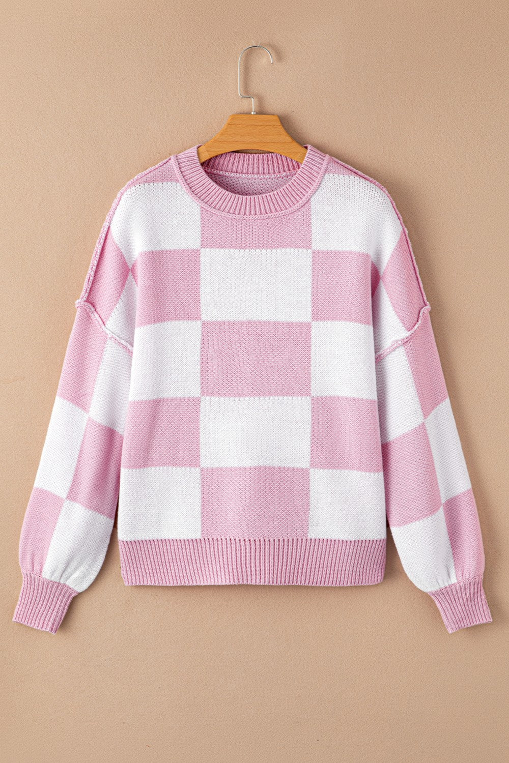 Checkered Exposed Seam Drooped Shoulder Sweater-TOPS / DRESSES-[Adult]-[Female]-Dusty Pink-S-2022 Online Blue Zone Planet