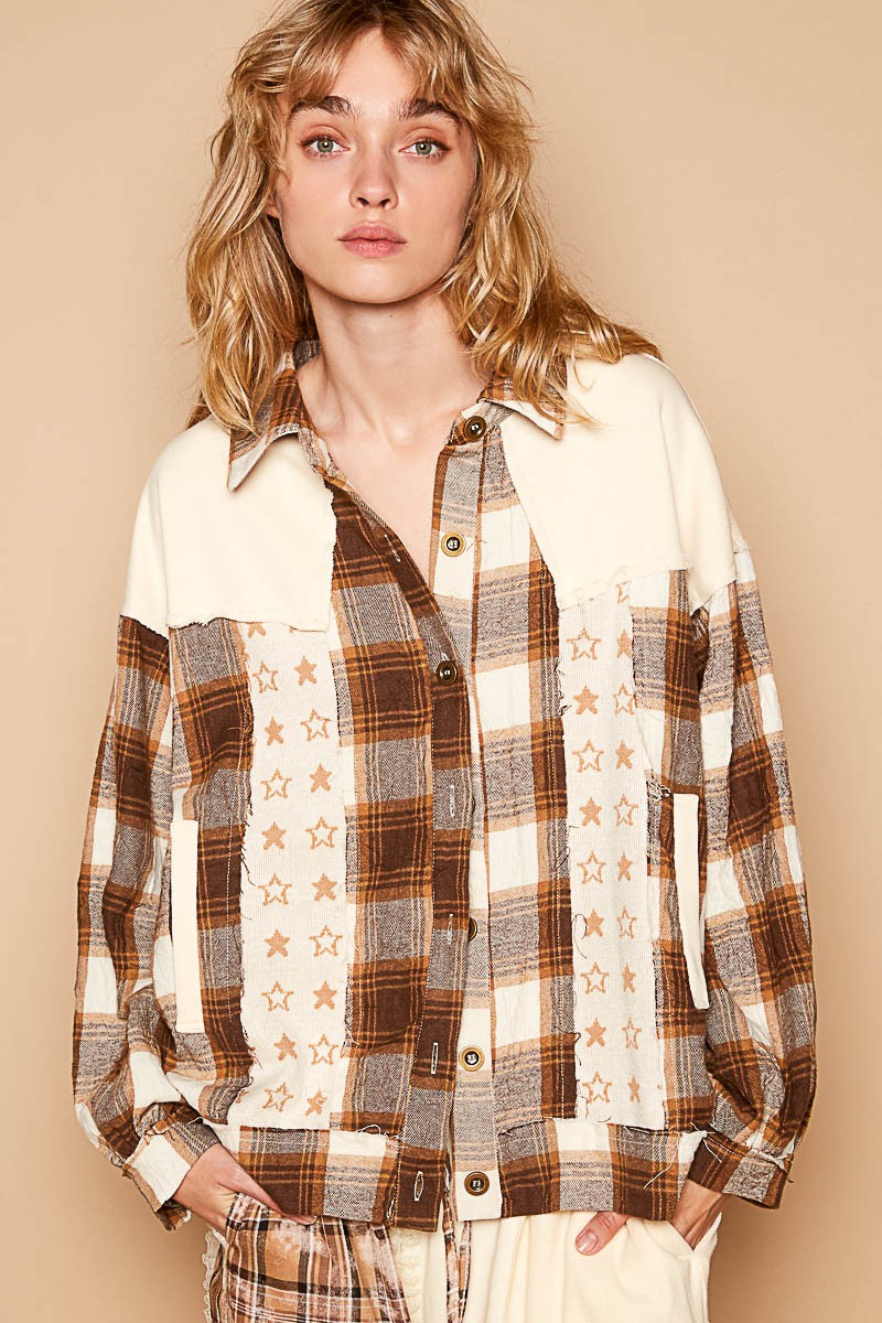 Blue Zone Planet | POL Plaid & Star Patchwork Contrast Long Sleeve Shacket-TOPS / DRESSES-[Adult]-[Female]-Beige-S-2022 Online Blue Zone Planet