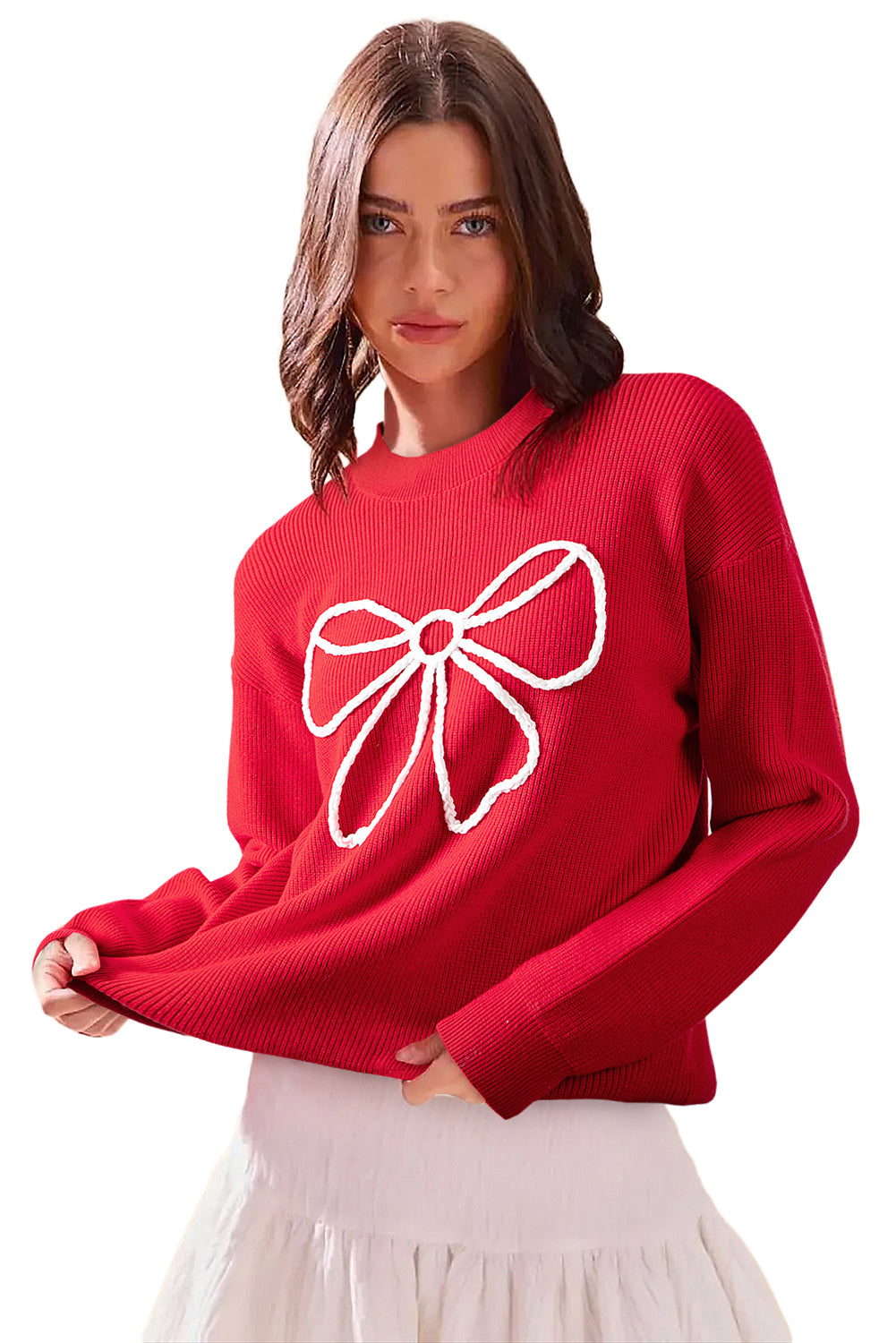 Fiery Red Bow Embroidered Graphic Ribbed Sweater Top-TOPS / DRESSES-[Adult]-[Female]-2022 Online Blue Zone Planet
