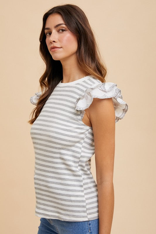 Annie Wear Ruffled Striped Round Neck Cap Sleeve Knit Top-TOPS / DRESSES-[Adult]-[Female]-2022 Online Blue Zone Planet