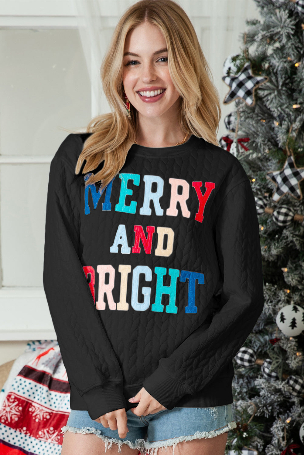 White Merry and Bright Quilted Sweatshirt-Sweatshirts & Hoodies-[Adult]-[Female]-2022 Online Blue Zone Planet