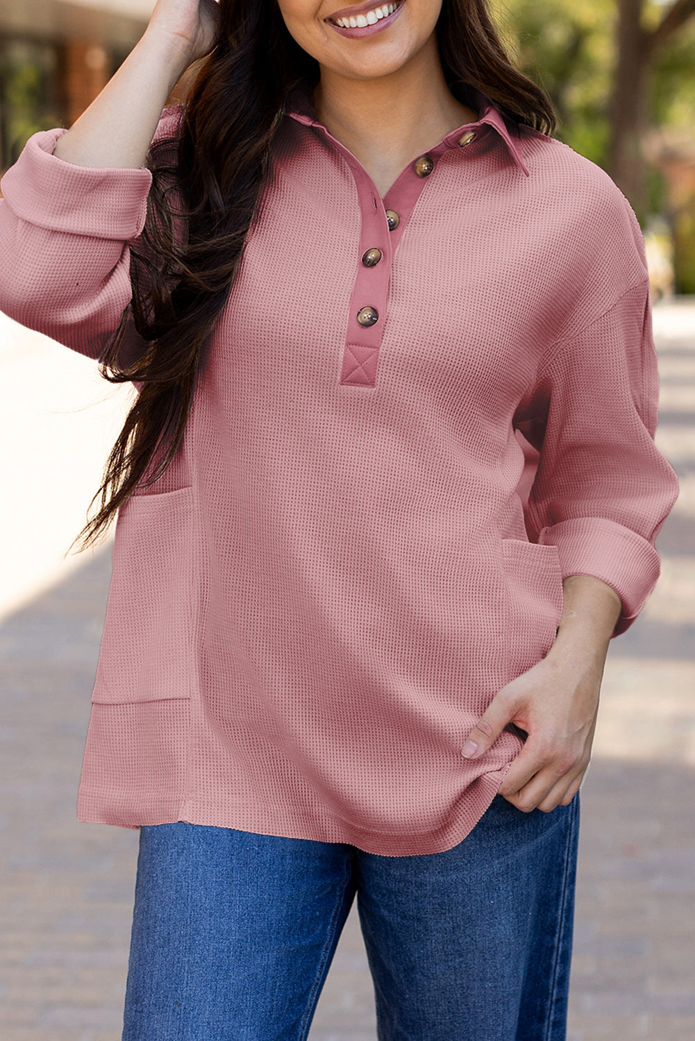 Blue Zone Planet | Pink Waffle Long Sleeve Collar Half Button Loose Top-Tops/Long Sleeve Tops-[Adult]-[Female]-2022 Online Blue Zone Planet