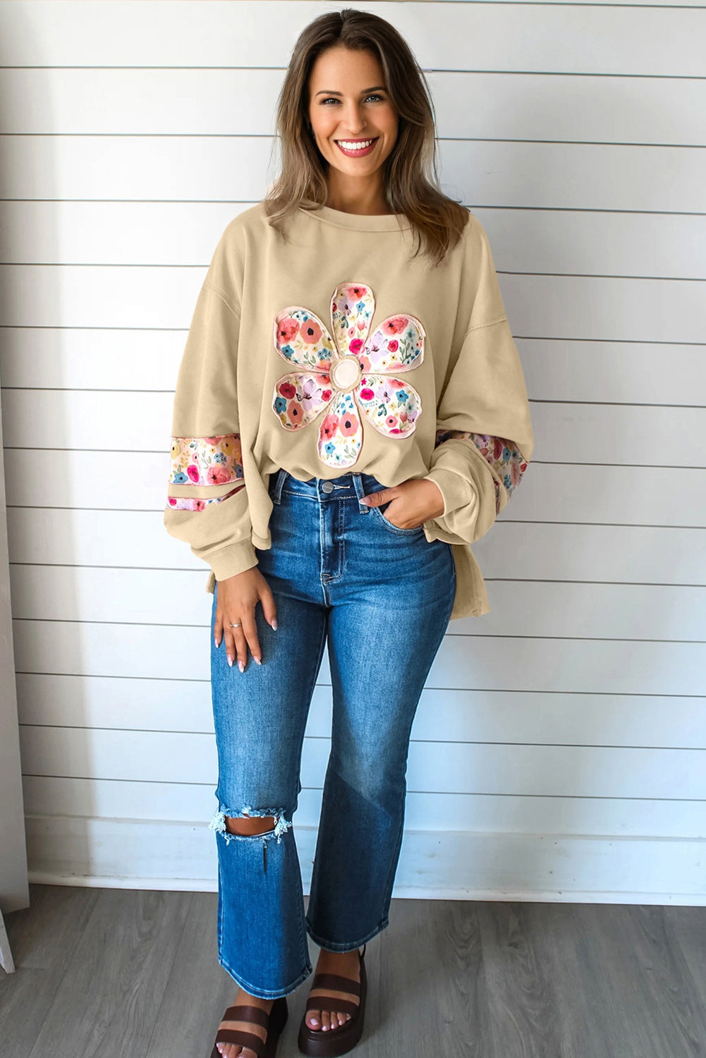 Pale Khaki Floral Applique Baggy Pullover Sweatshirt-Tops/Sweatshirts & Hoodies-[Adult]-[Female]-2022 Online Blue Zone Planet