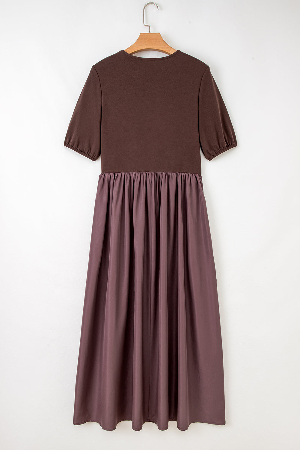 Coffee Short Sleeve Knit Top Patchwork Pleated Long Dress-TOPS / DRESSES-[Adult]-[Female]-2022 Online Blue Zone Planet